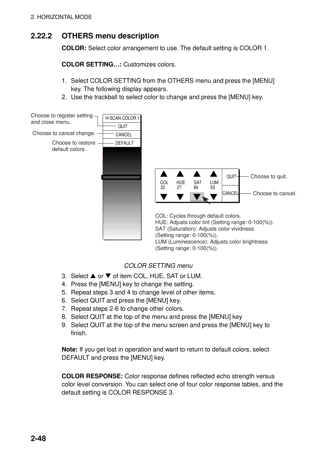 Furuno FSV-84 manual Others menu description, Color Setting menu 