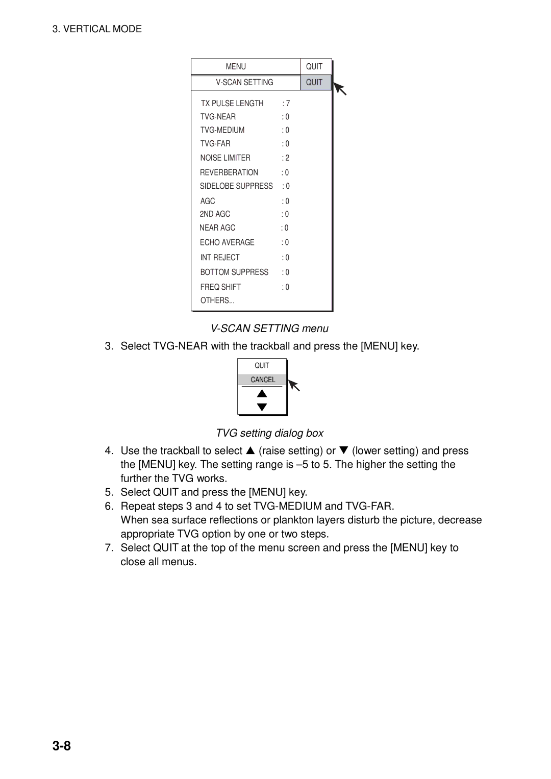 Furuno FSV-84 manual Scan Setting menu, TVG setting dialog box 