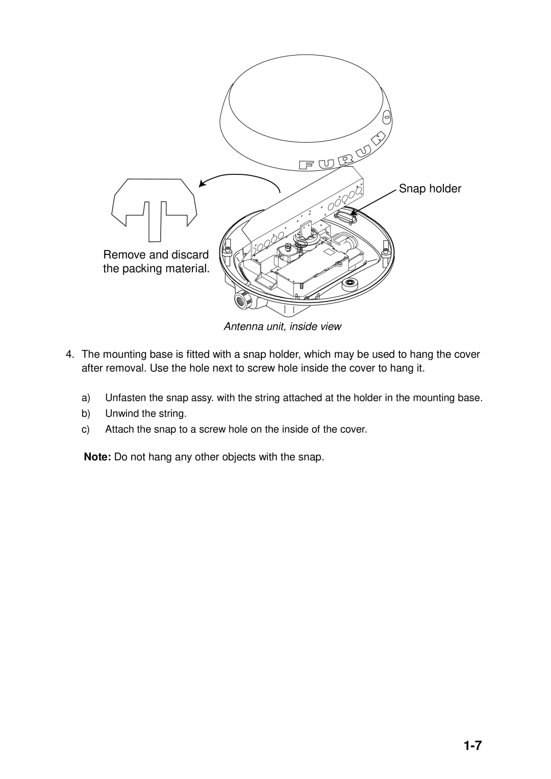 Furuno 1833C-BB, GD-1900C-BB, 1953C-BB manual Snap holder Remove and discard the packing material, Antenna unit, inside view 