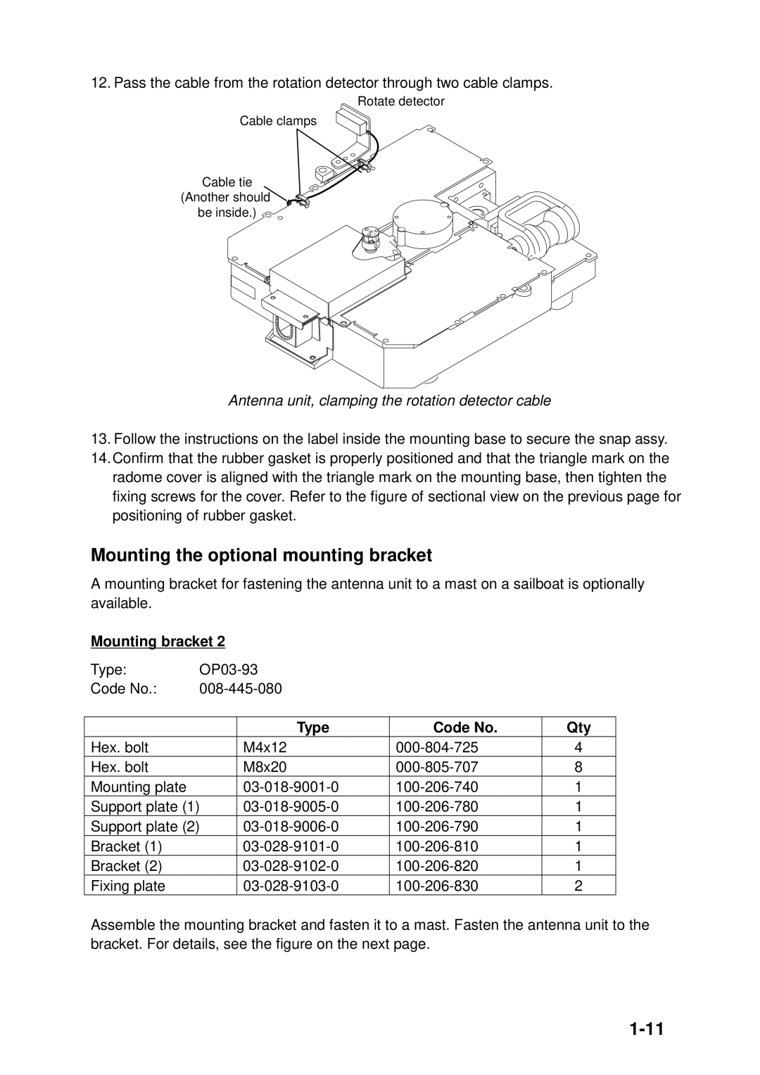 Furuno 1933C-BB, GD-1900C-BB Mounting the optional mounting bracket, Antenna unit, clamping the rotation detector cable 