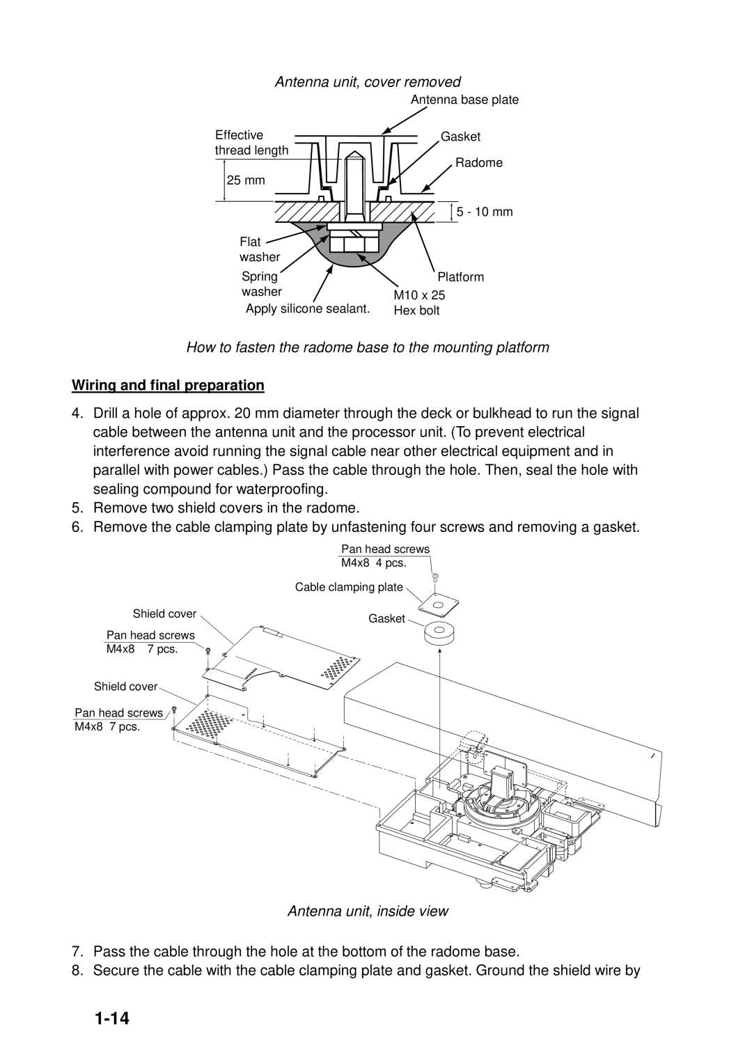 Furuno GD-1900C-BB, 1953C-BB, 1943C-BB Antenna unit, cover removed, How to fasten the radome base to the mounting platform 