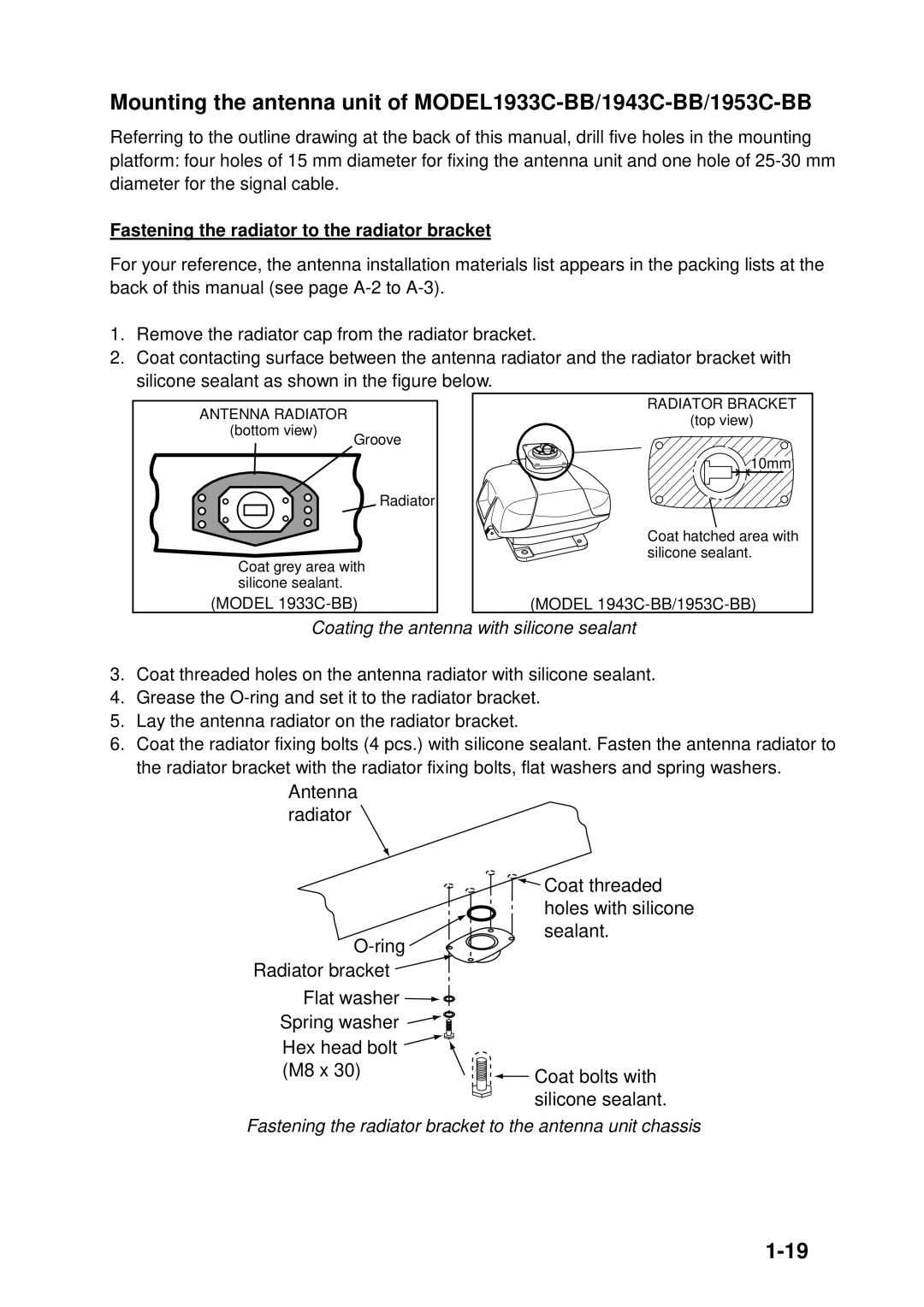 Furuno 1833C-BB, GD-1900C-BB Fastening the radiator to the radiator bracket, Coating the antenna with silicone sealant 