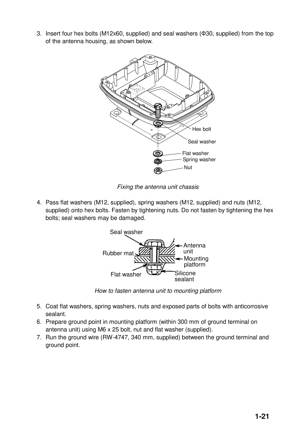 Furuno 1953C-BB, GD-1900C-BB, 1943C-BB Fixing the antenna unit chassis, How to fasten antenna unit to mounting platform 