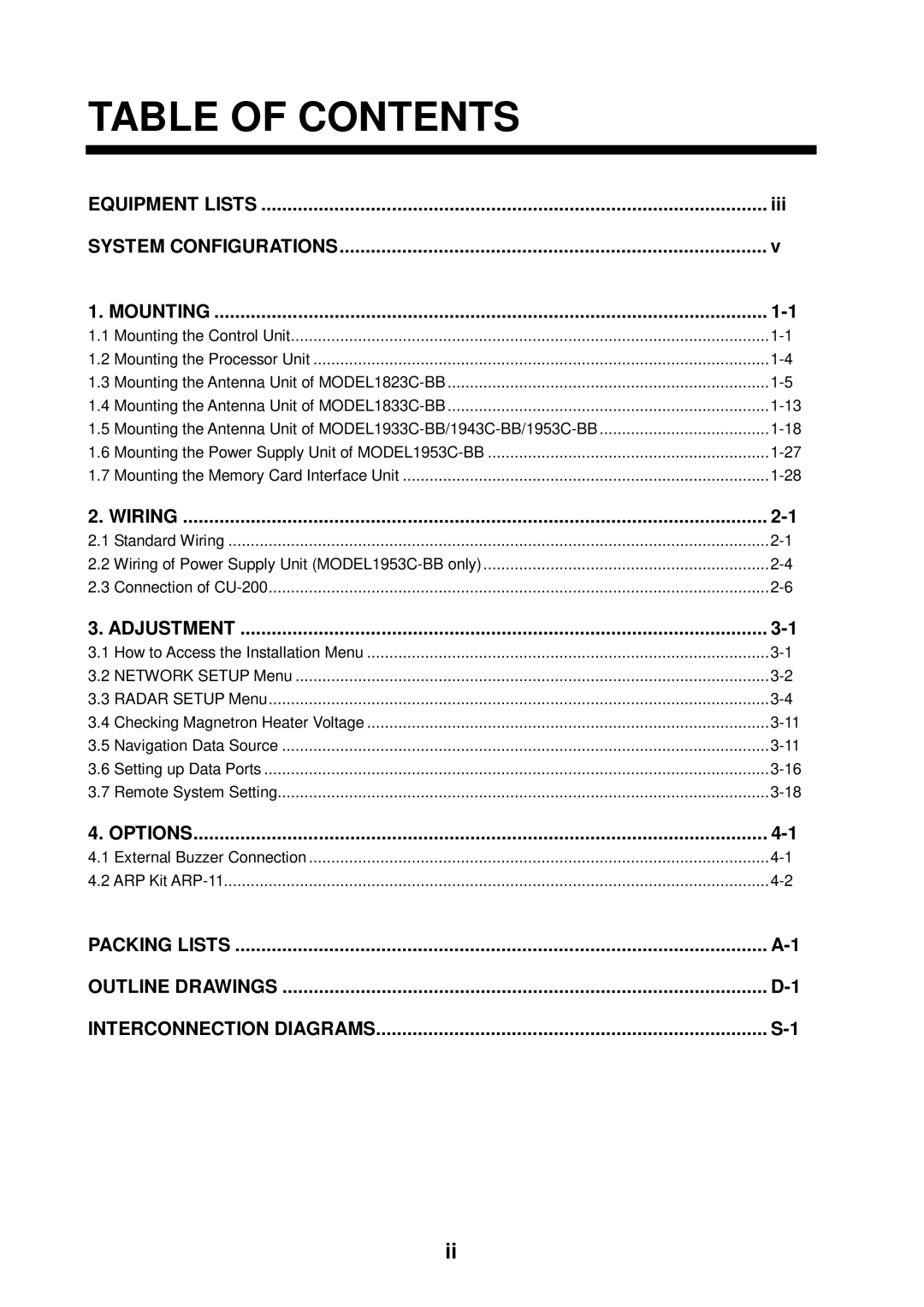 Furuno 1823C-BB, GD-1900C-BB, 1953C-BB, 1943C-BB, 1933C-BB, 1833C-BB manual Table of Contents 