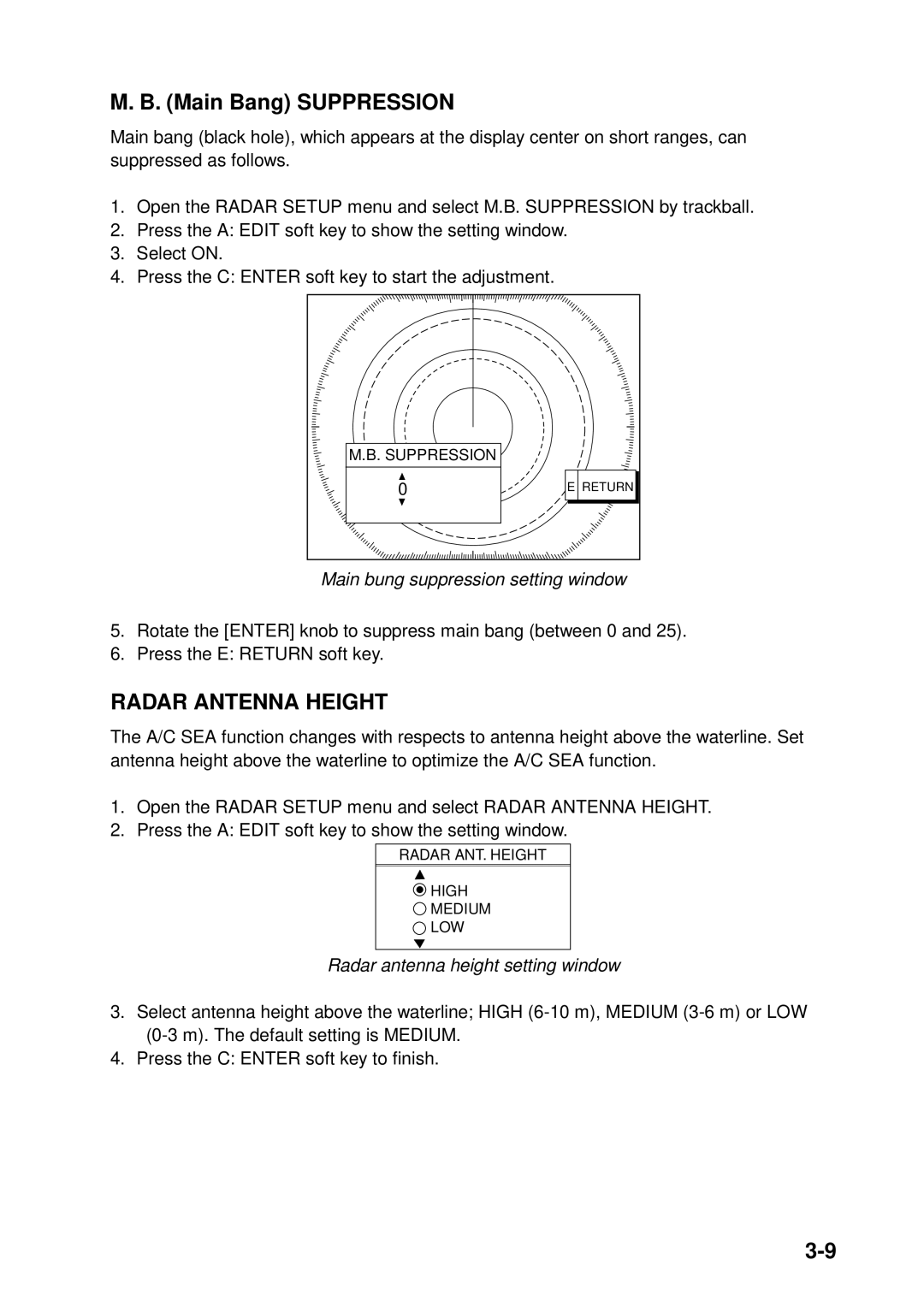 Furuno 1833C-BB, GD-1900C-BB, 1953C-BB, 1943C-BB Main bung suppression setting window, Radar antenna height setting window 