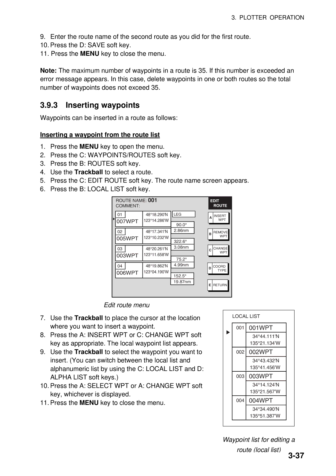 Furuno 1934C-BB, GD-1920C-BB, 1954C-BB manual Inserting waypoints, Inserting a waypoint from the route list, Edit route menu 