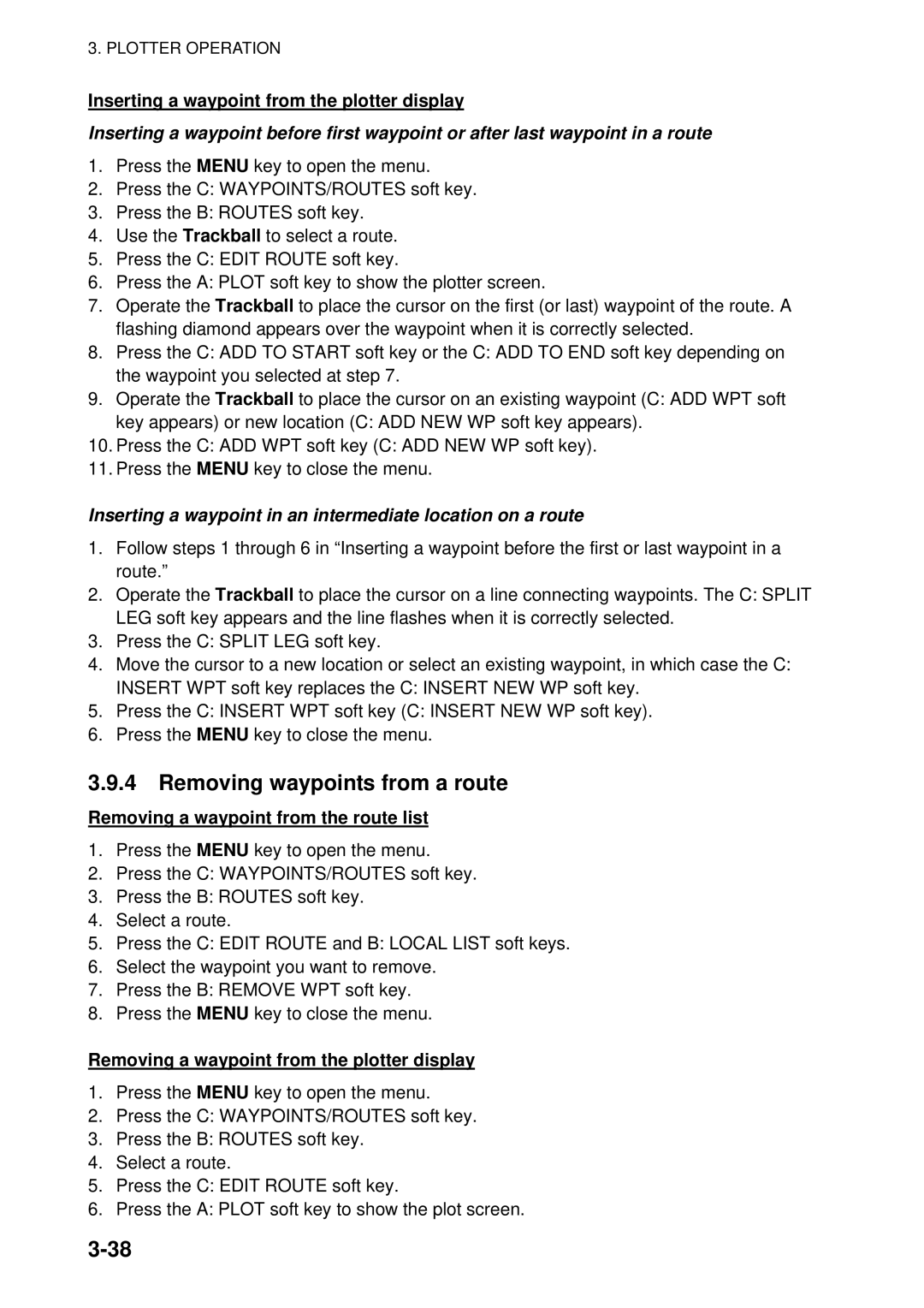 Furuno 1834C-BB, GD-1920C-BB, 1954C-BB manual Removing waypoints from a route, Inserting a waypoint from the plotter display 