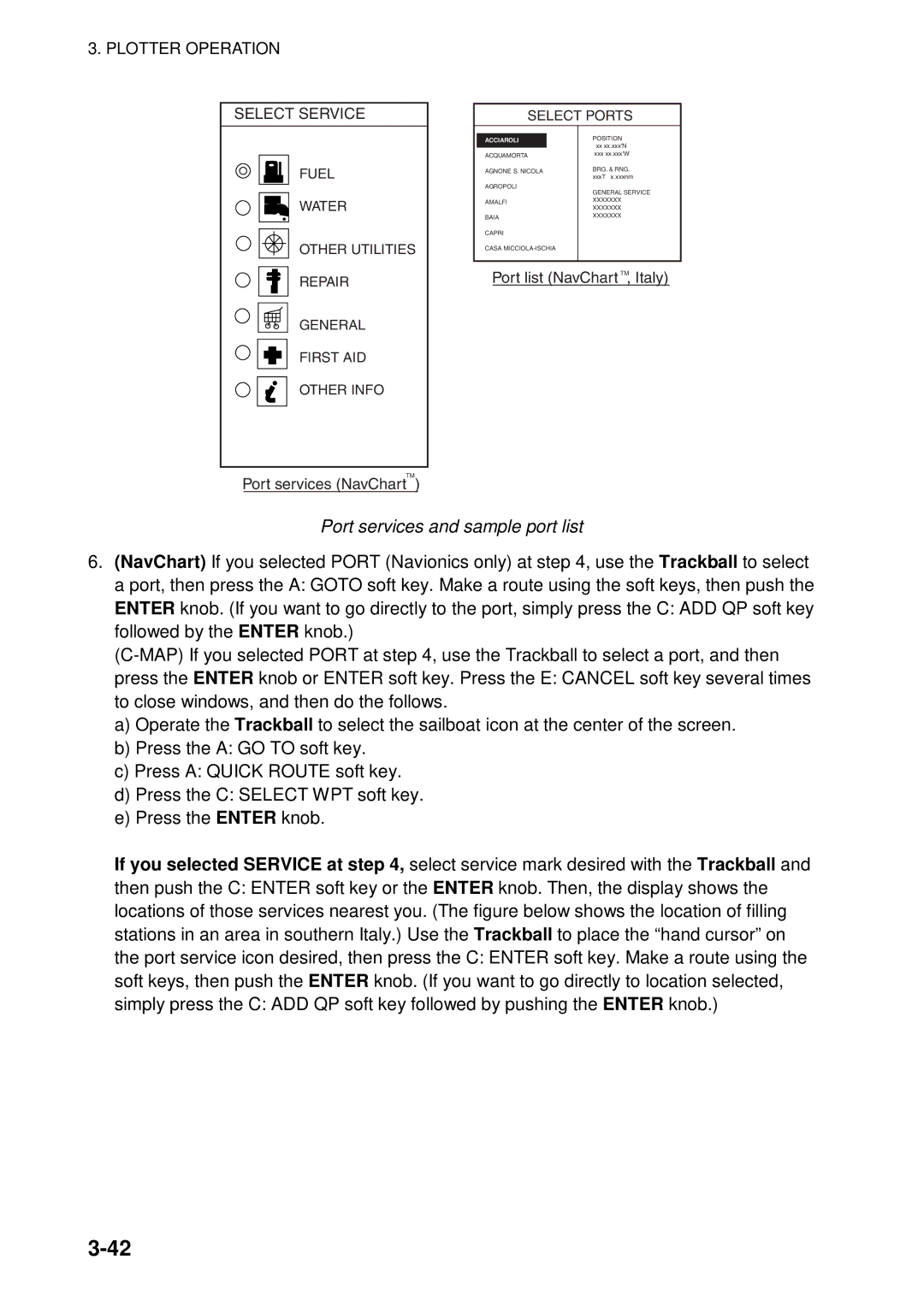 Furuno 1964C-BB, GD-1920C-BB, 1954C-BB, 1944C-BB, 1934C-BB, 1834C-BB manual Port services and sample port list, Select Service 