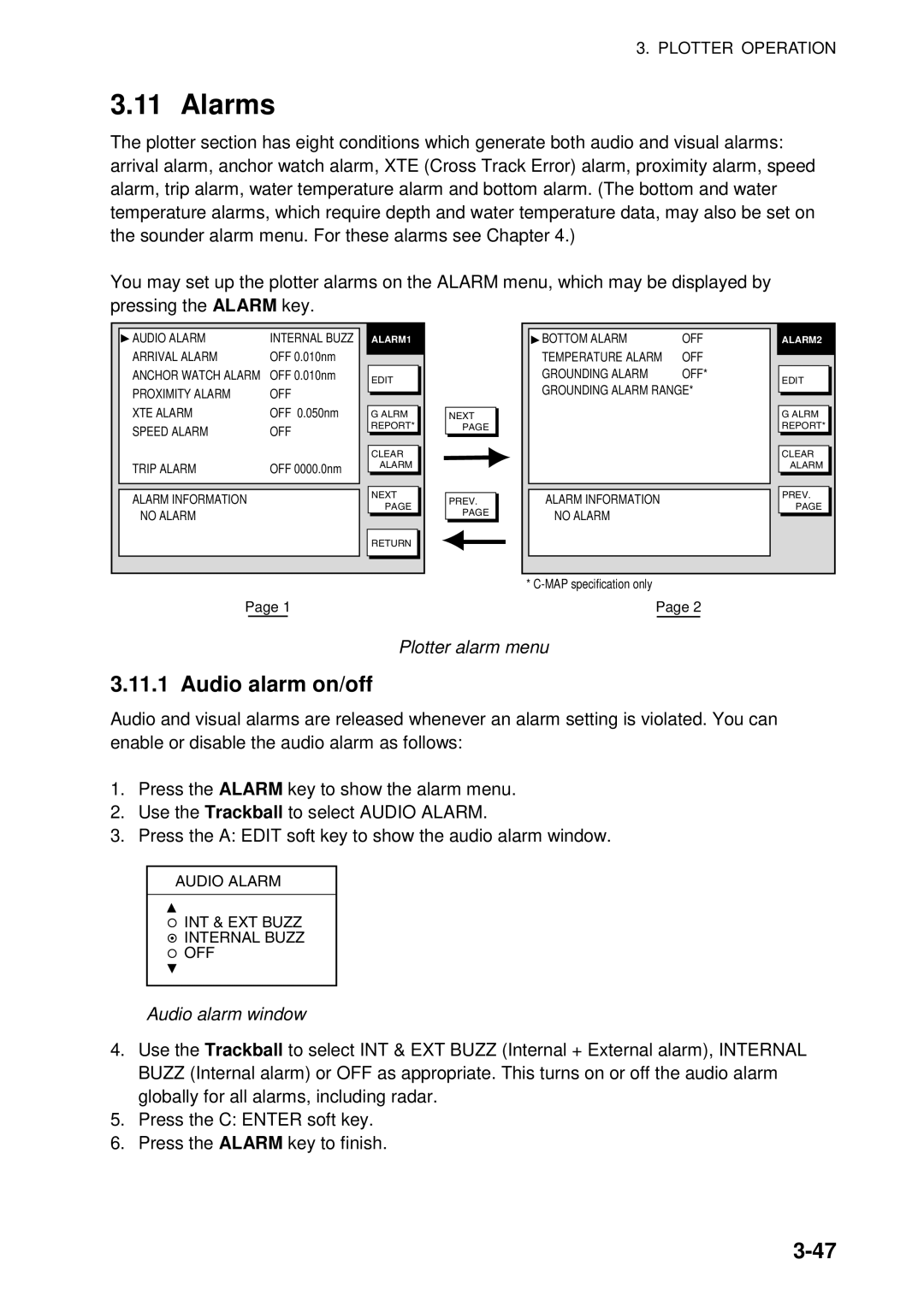 Furuno GD-1920C-BB, 1954C-BB, 1964C-BB, 1944C-BB, 1934C-BB Alarms, Audio alarm on/off, Plotter alarm menu, Audio alarm window 