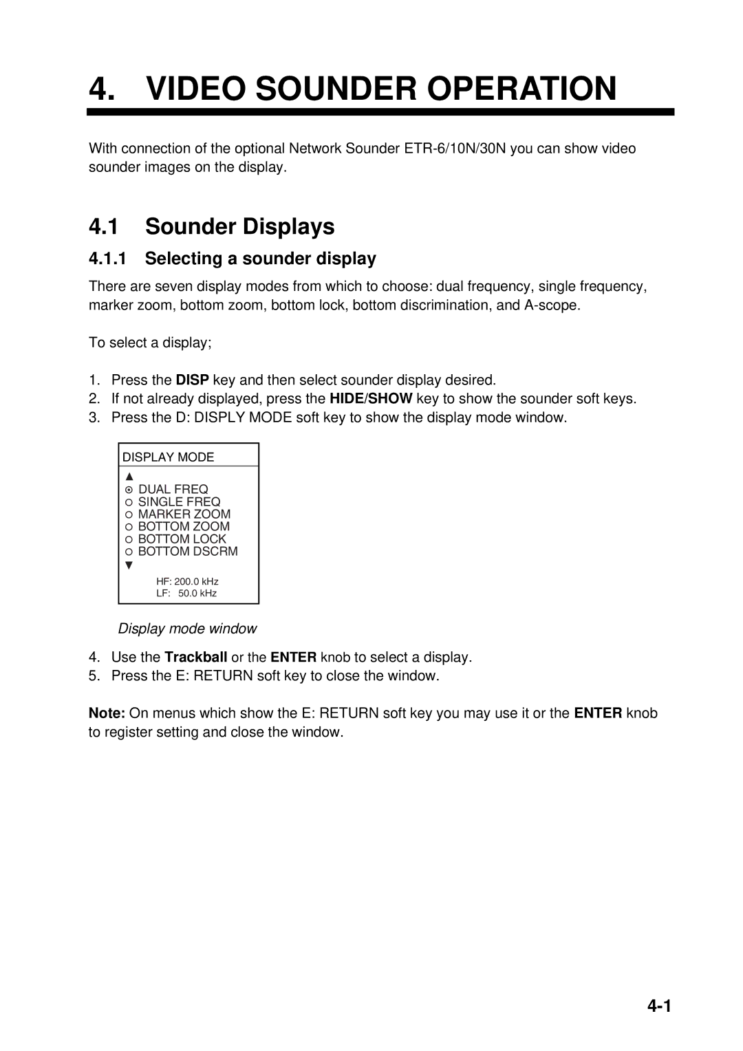 Furuno 1944C-BB, GD-1920C-BB, 1954C-BB, 1964C-BB, 1934C-BB Sounder Displays, Selecting a sounder display, Display mode window 