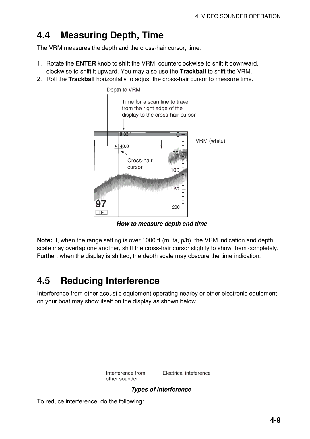 Furuno 1934C-BB manual Measuring Depth, Time, Reducing Interference, How to measure depth and time, Types of interference 