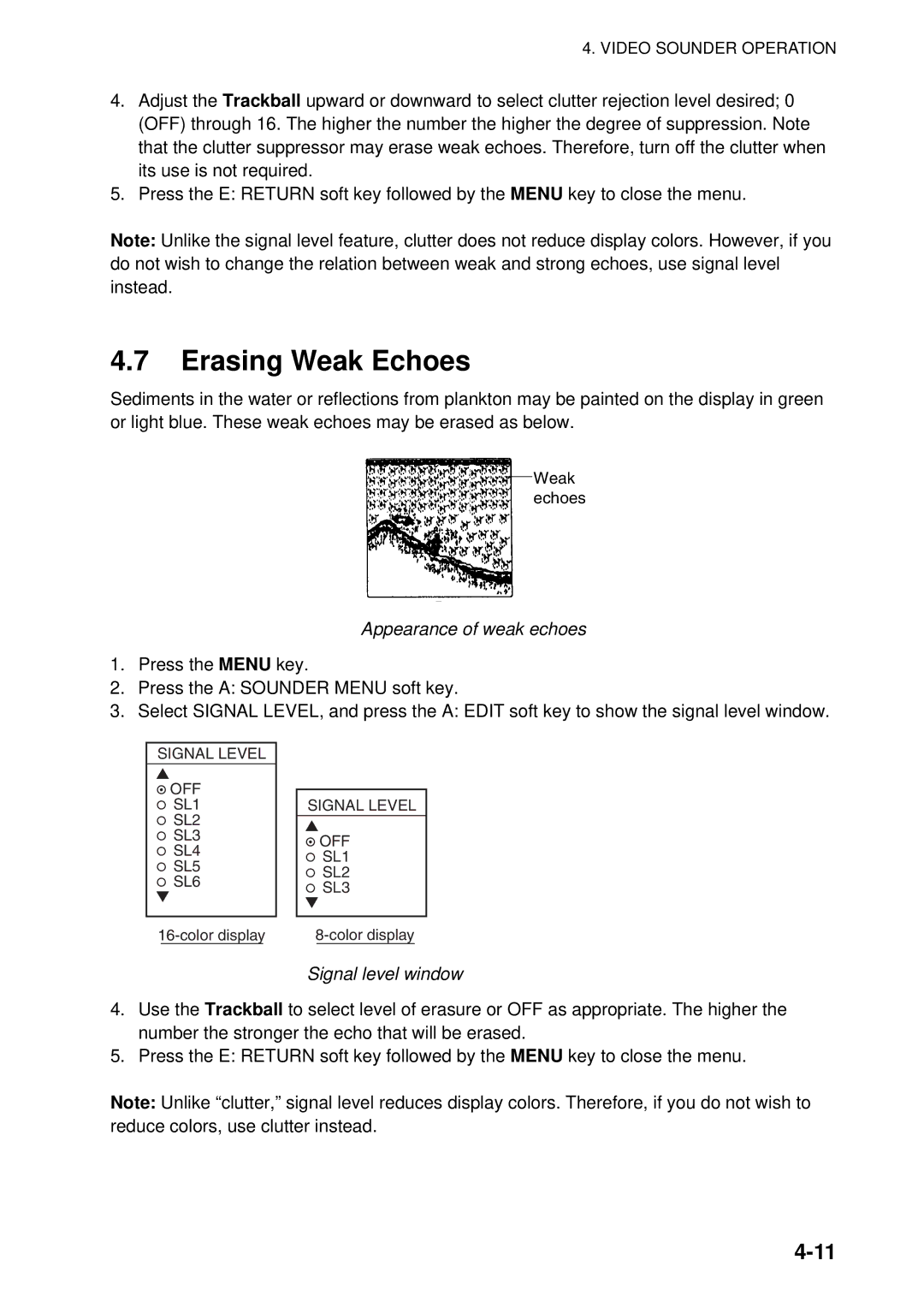 Furuno 1824C-BB, GD-1920C-BB, 1954C-BB, 1964C-BB manual Erasing Weak Echoes, Appearance of weak echoes, Signal level window 
