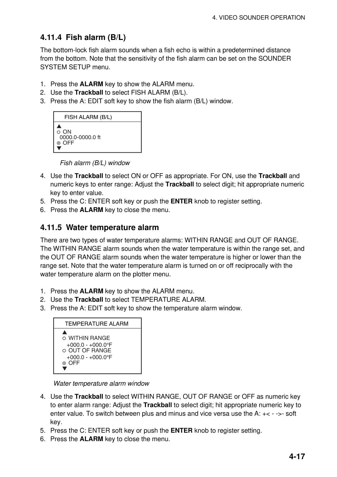 Furuno 1834C-BB, GD-1920C-BB, 1954C-BB, 1964C-BB, 1944C-BB manual Fish alarm B/L window, Water temperature alarm window 