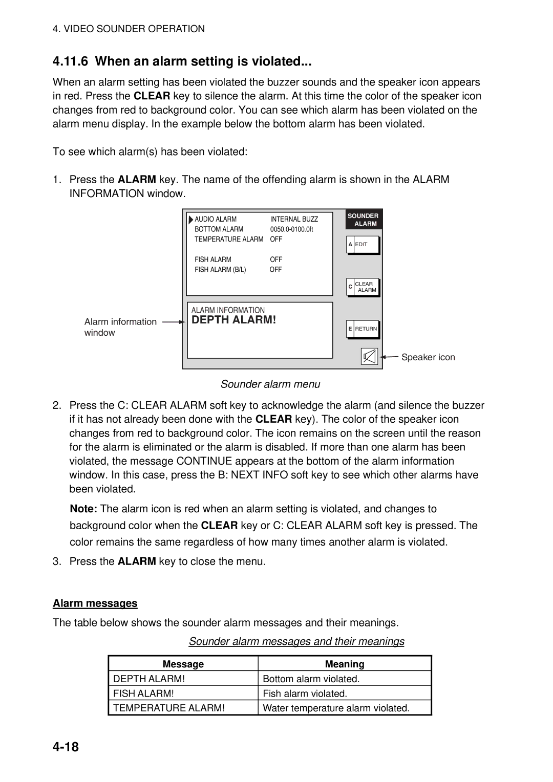 Furuno 1824C-BB, GD-1920C-BB, 1954C-BB manual When an alarm setting is violated, Sounder alarm messages and their meanings 