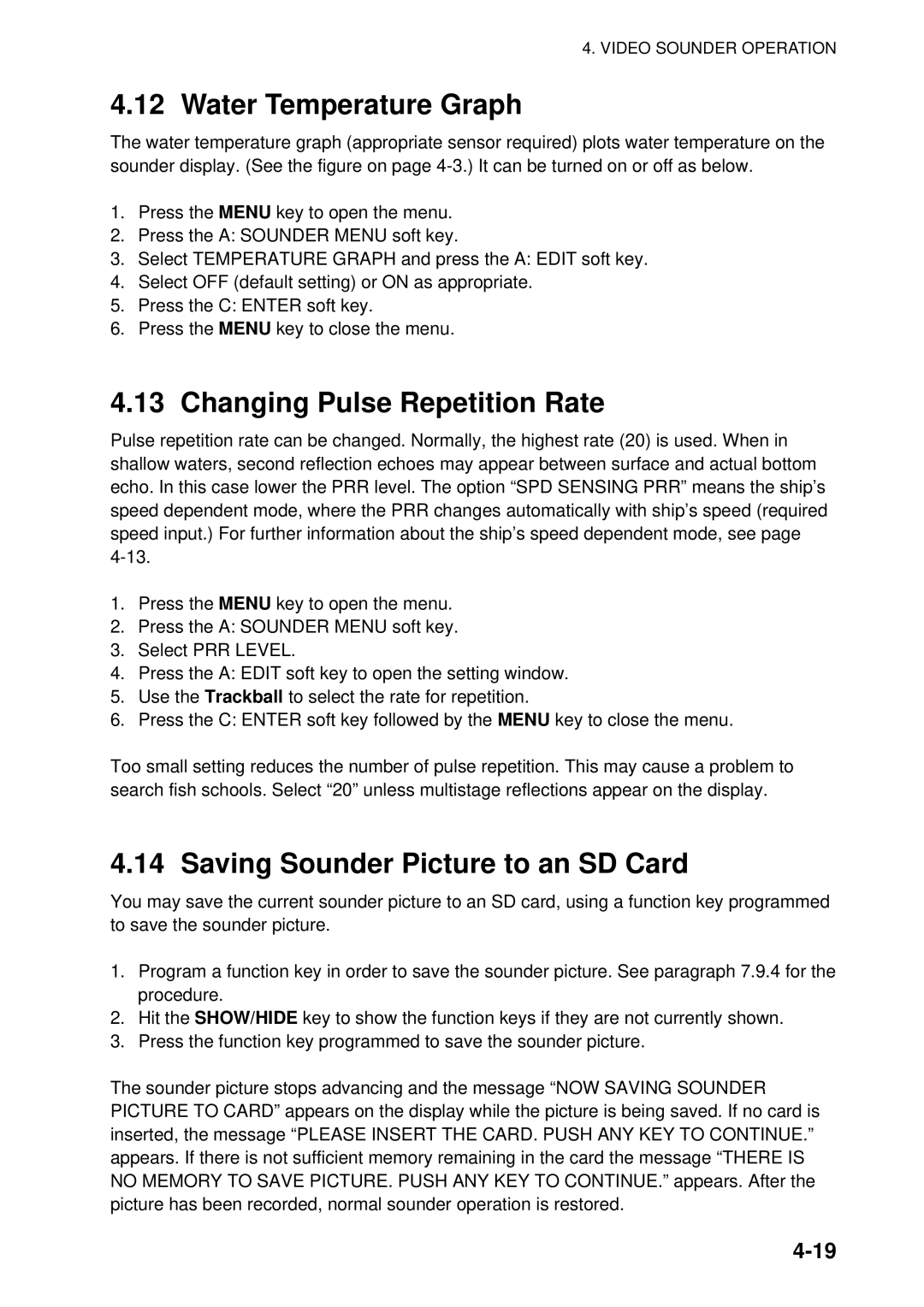 Furuno GD-1920C-BB, 1954C-BB Water Temperature Graph, Changing Pulse Repetition Rate, Saving Sounder Picture to an SD Card 