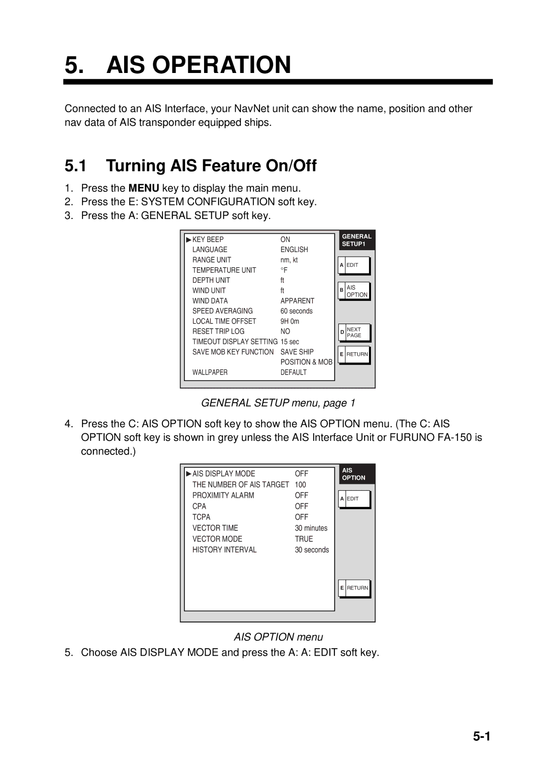 Furuno 1934C-BB, GD-1920C-BB, 1954C-BB, 1964C-BB, 1944C-BB, 1834C-BB, 1824C-BB manual Turning AIS Feature On/Off, AIS Option menu 