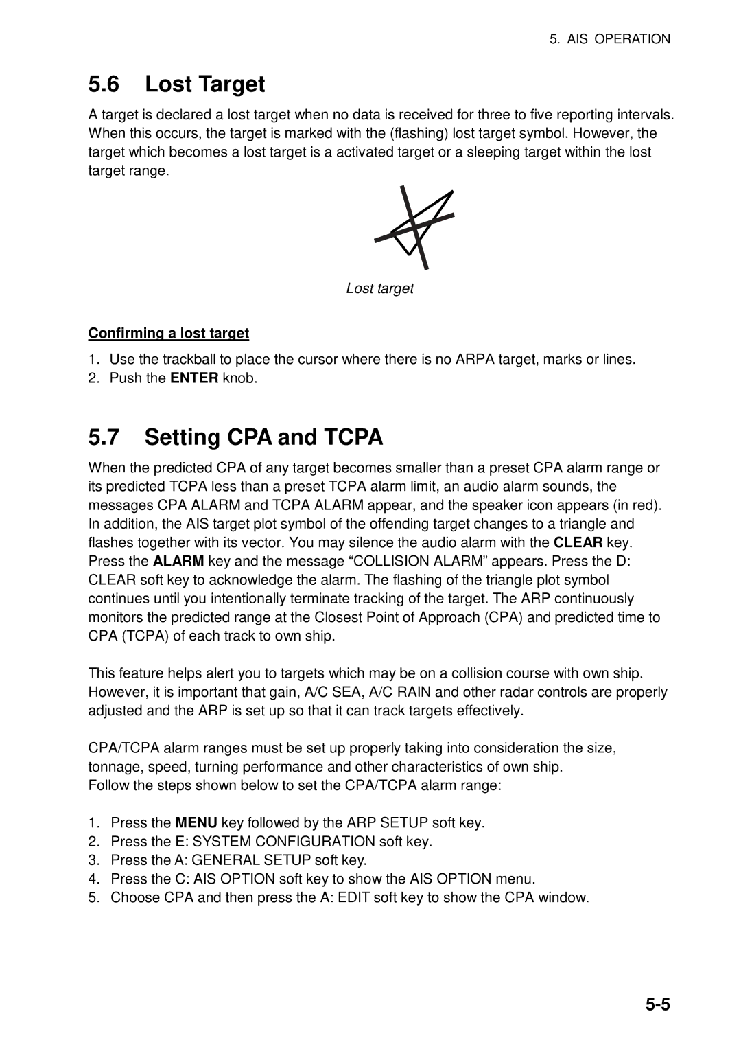 Furuno 1954C-BB, GD-1920C-BB, 1964C-BB, 1944C-BB Lost Target, Setting CPA and Tcpa, Lost target, Confirming a lost target 