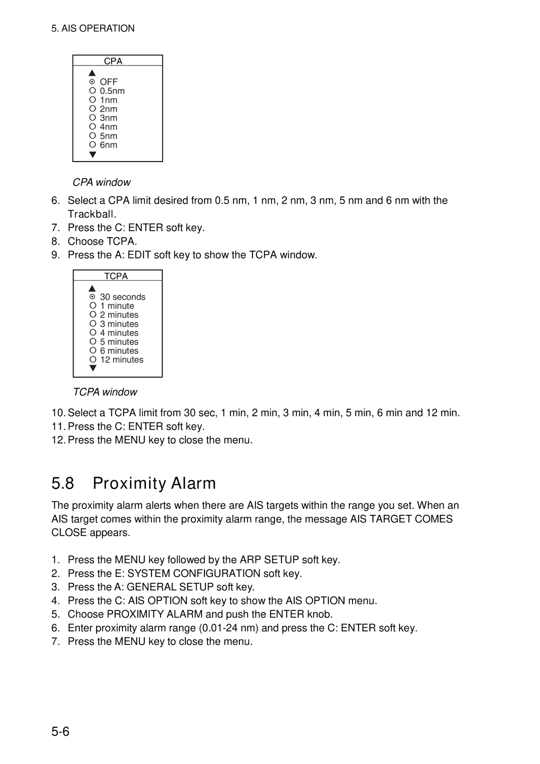 Furuno 1964C-BB, GD-1920C-BB, 1954C-BB, 1944C-BB, 1934C-BB, 1834C-BB, 1824C-BB manual Proximity Alarm, CPA window, Tcpa window 