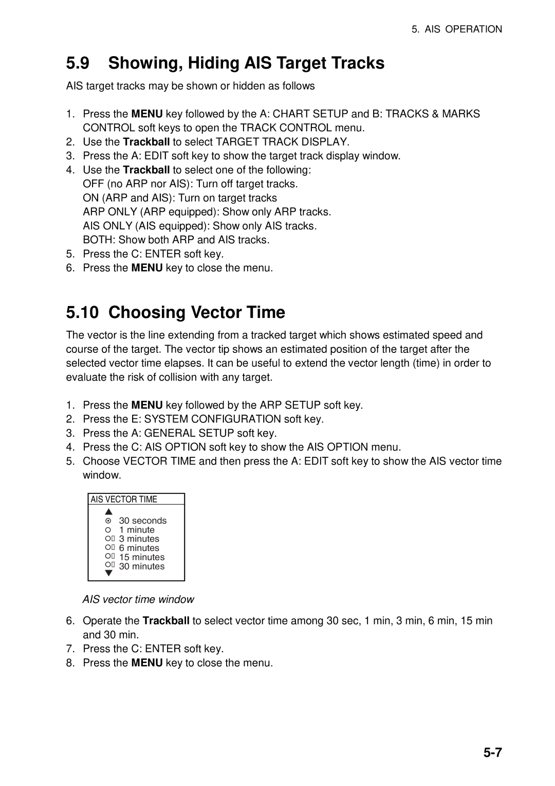 Furuno 1944C-BB, GD-1920C-BB, 1954C-BB manual Showing, Hiding AIS Target Tracks, Choosing Vector Time, AIS vector time window 