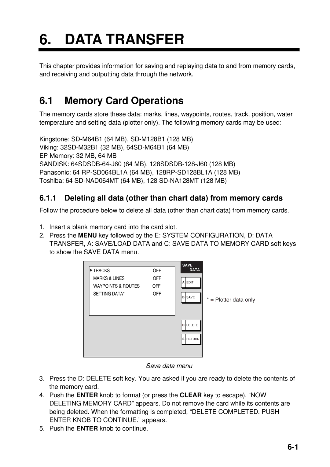 Furuno 1834C-BB manual Memory Card Operations, Deleting all data other than chart data from memory cards, Save data menu 