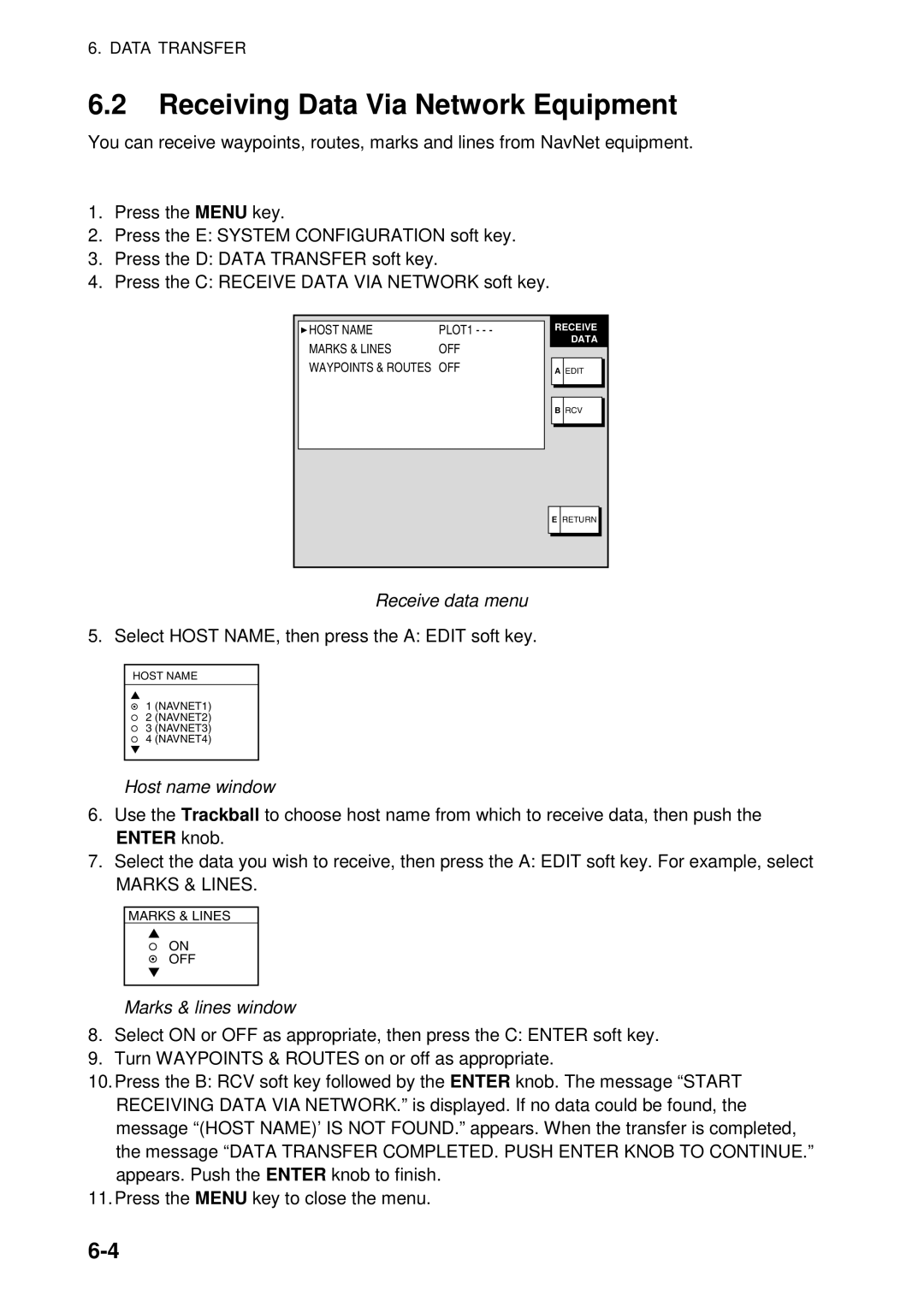 Furuno 1954C-BB, 1964C-BB Receiving Data Via Network Equipment, Receive data menu, Host name window, Marks & lines window 