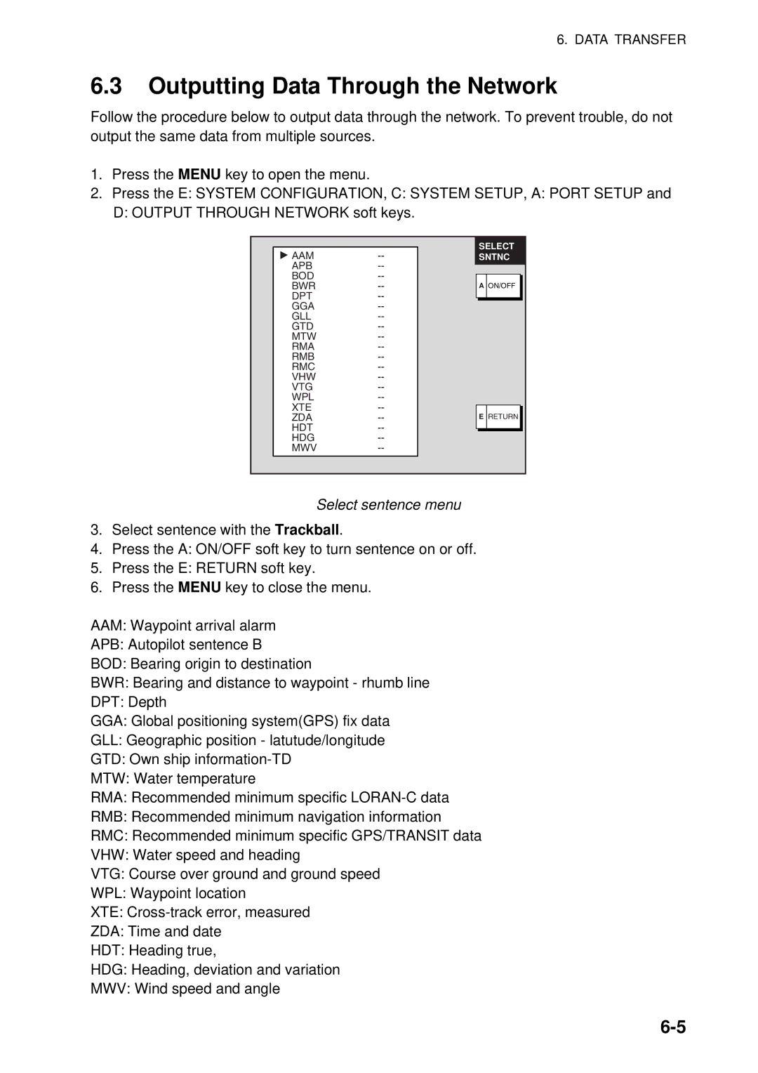 Furuno 1964C-BB, GD-1920C-BB, 1954C-BB, 1944C-BB, 1934C-BB, 1834C-BB Outputting Data Through the Network, Select sentence menu 