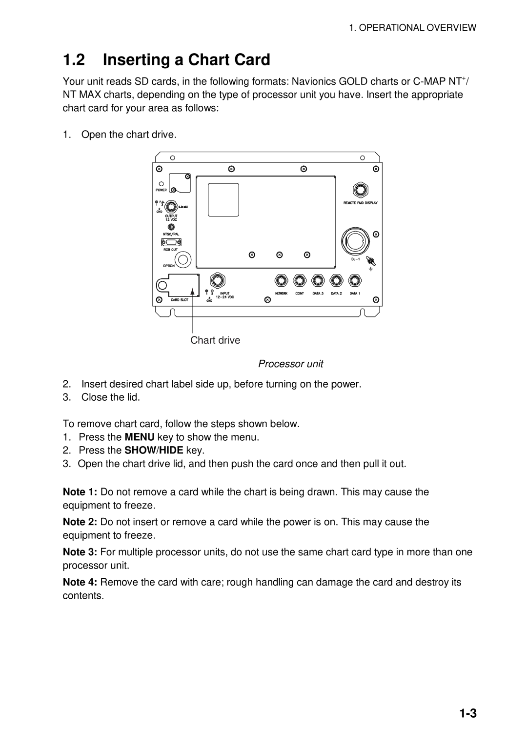 Furuno 1964C-BB, GD-1920C-BB, 1954C-BB, 1944C-BB, 1934C-BB, 1834C-BB, 1824C-BB manual Inserting a Chart Card, Processor unit 