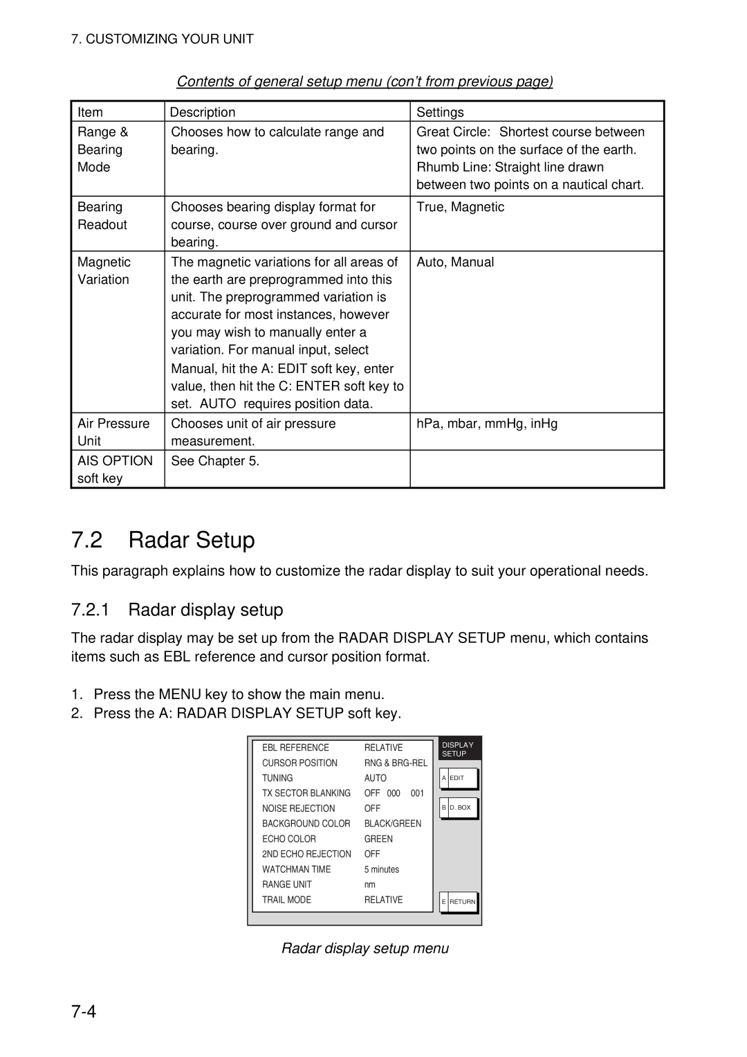 Furuno GD-1920C-BB, 1954C-BB, 1964C-BB, 1944C-BB, 1934C-BB, 1834C-BB, 1824C-BB manual Radar Setup, Radar display setup menu 