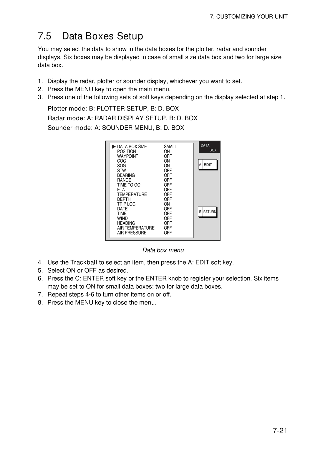 Furuno 1944C-BB, GD-1920C-BB, 1954C-BB, 1964C-BB, 1934C-BB, 1834C-BB, 1824C-BB manual Data Boxes Setup, Data box menu 