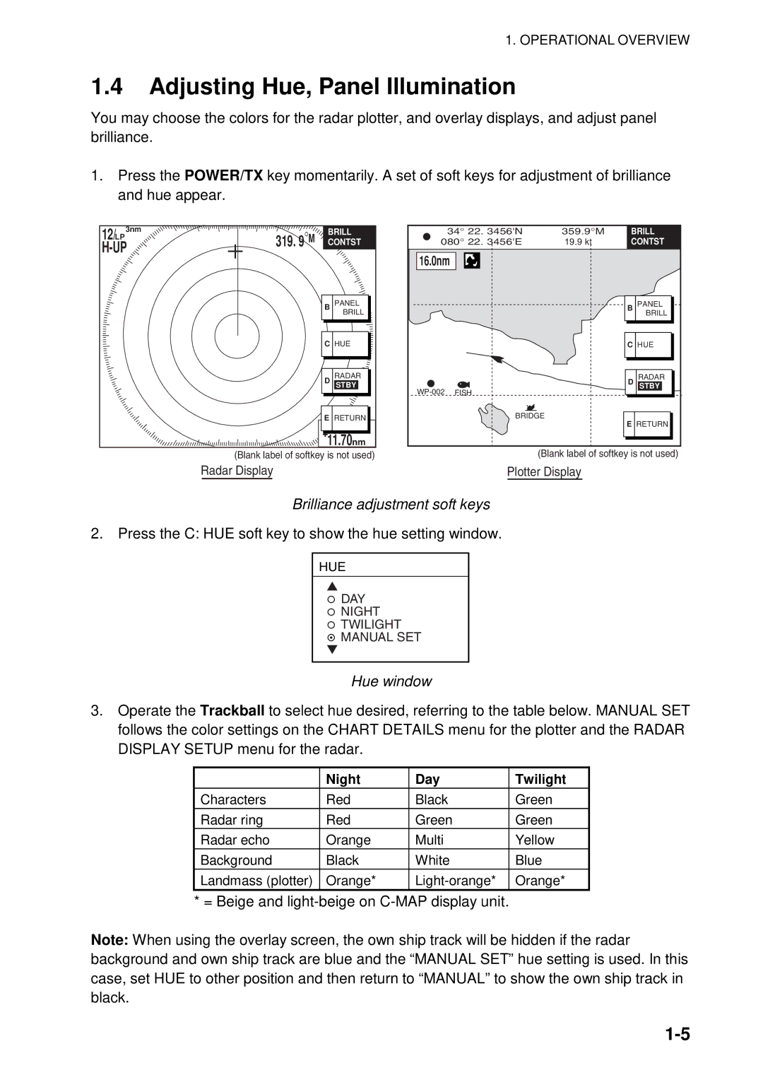 Furuno 1934C-BB manual Adjusting Hue, Panel Illumination, Brilliance adjustment soft keys, Hue window, Night Day Twilight 
