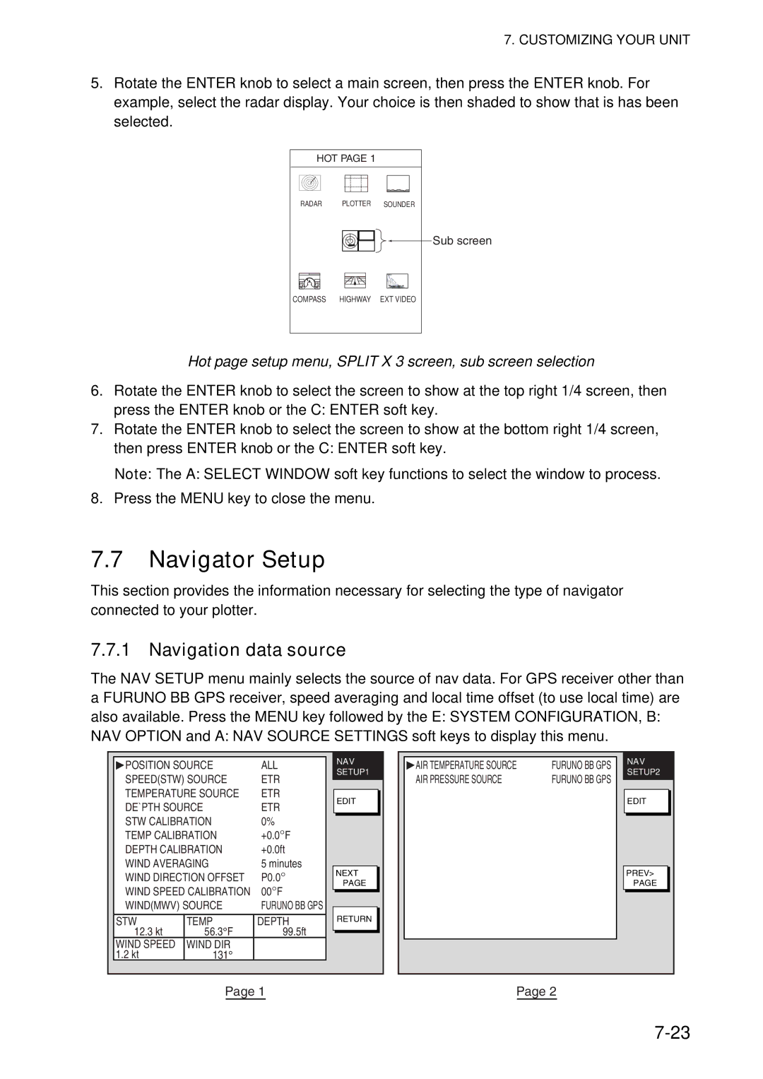 Furuno 1834C-BB manual Navigator Setup, Navigation data source, Hot page setup menu, Split X 3 screen, sub screen selection 