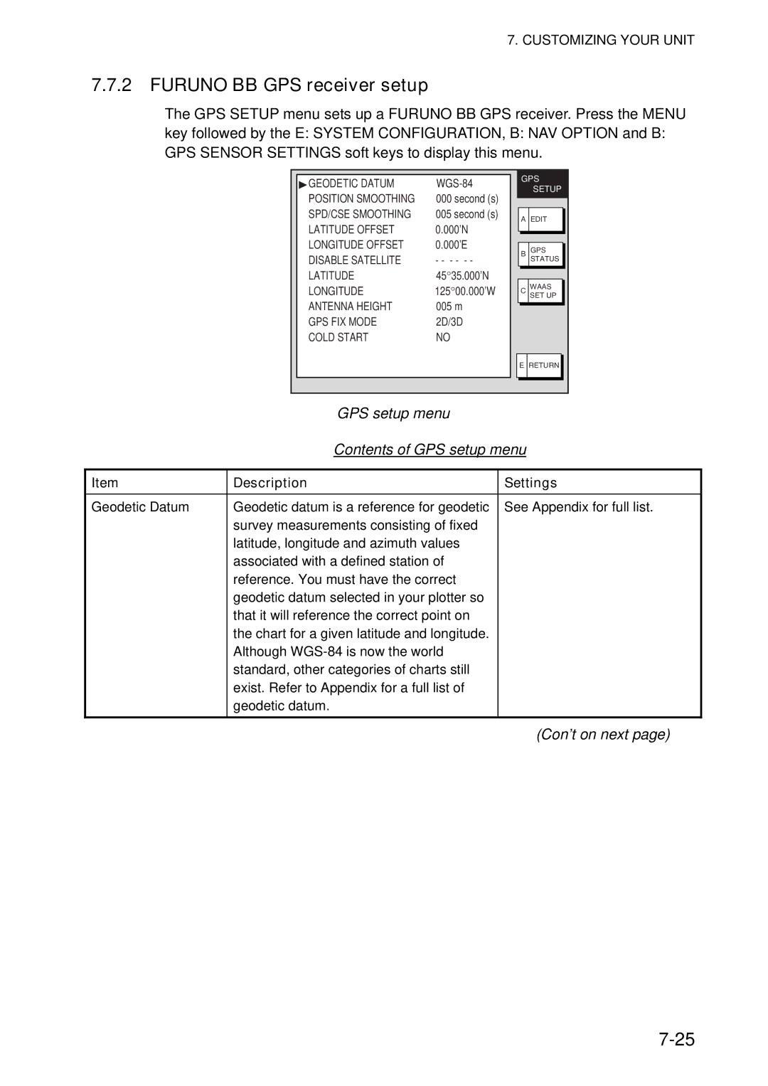 Furuno GD-1920C-BB, 1954C-BB, 1964C-BB, 1944C-BB Furuno BB GPS receiver setup, GPS setup menu Contents of GPS setup menu 