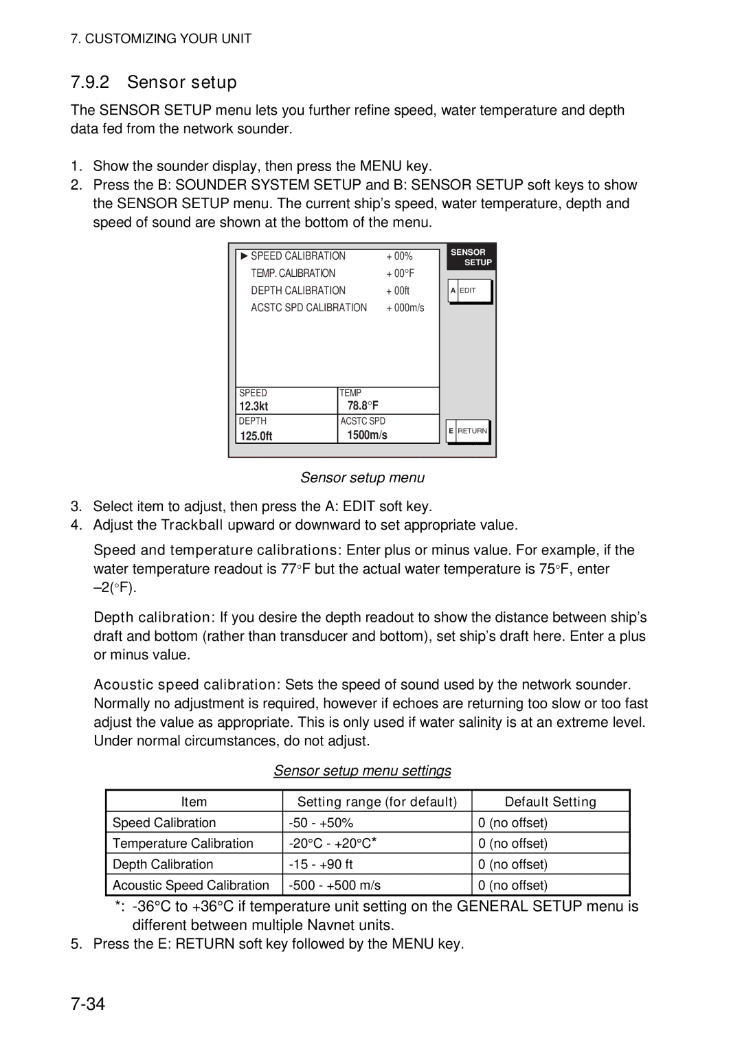 Furuno 1964C-BB, GD-1920C-BB, 1954C-BB manual Sensor setup menu settings, Setting range for default Default Setting 