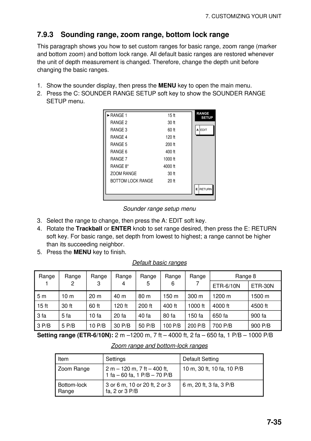 Furuno 1944C-BB, GD-1920C-BB Sounding range, zoom range, bottom lock range, Sounder range setup menu, Default basic ranges 