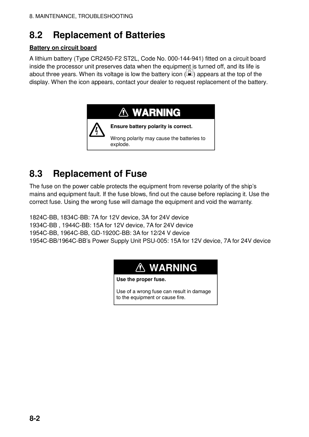 Furuno 1954C-BB, GD-1920C-BB, 1964C-BB, 1944C-BB Replacement of Batteries, Replacement of Fuse, Battery on circuit board 