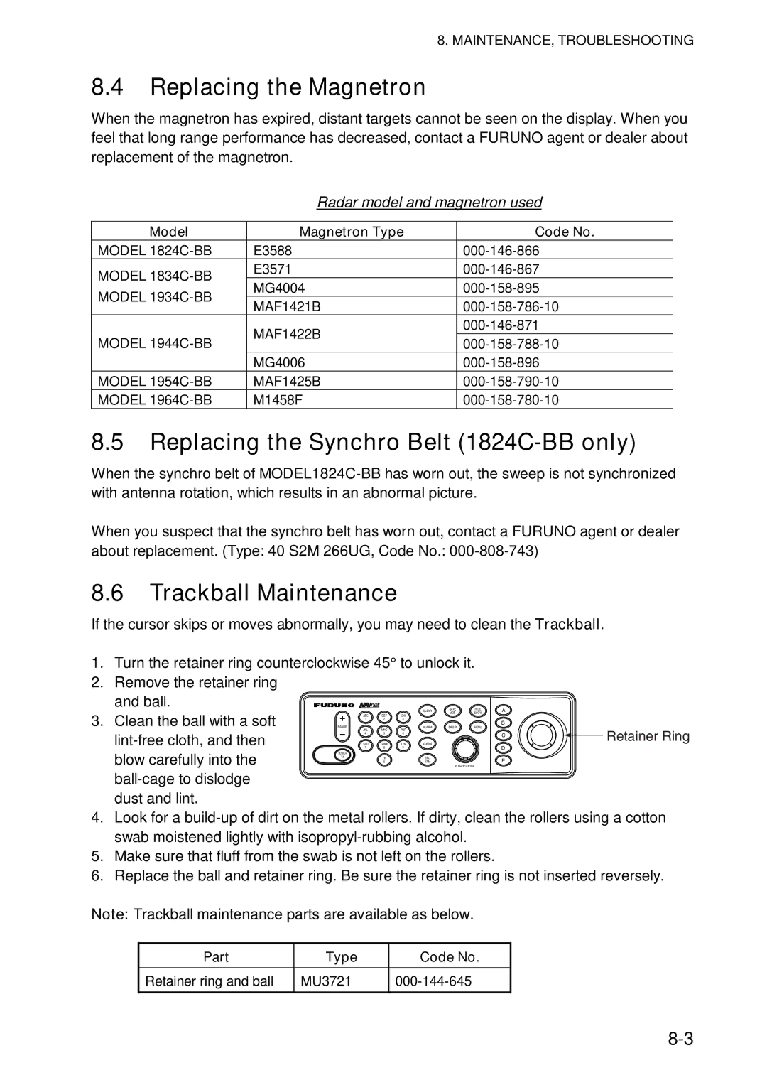 Furuno 1964C-BB, GD-1920C-BB manual Replacing the Magnetron, Replacing the Synchro Belt 1824C-BB only, Trackball Maintenance 