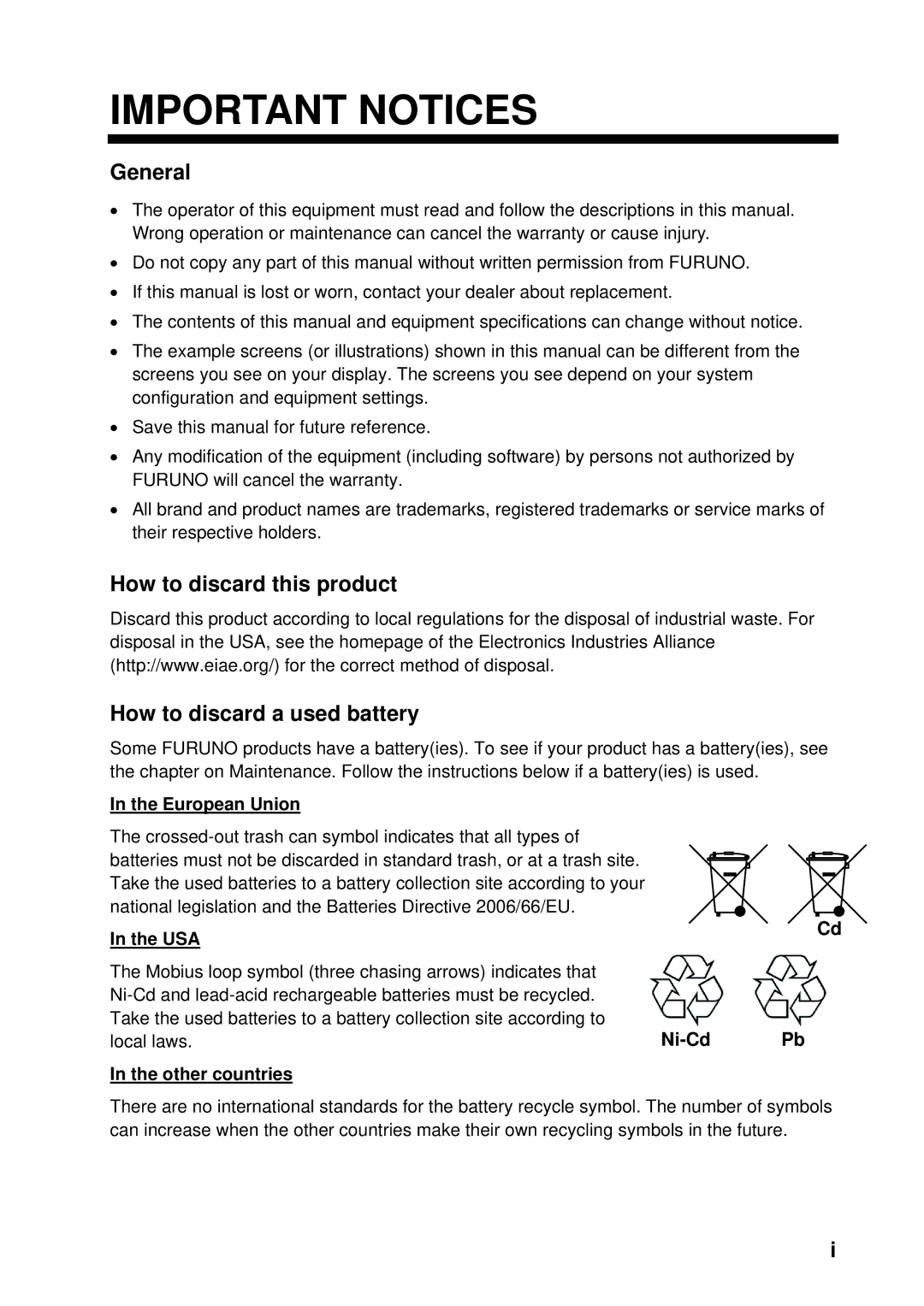 Furuno 1964C-BB General, How to discard this product How to discard a used battery, European Union, Usa, Other countries 
