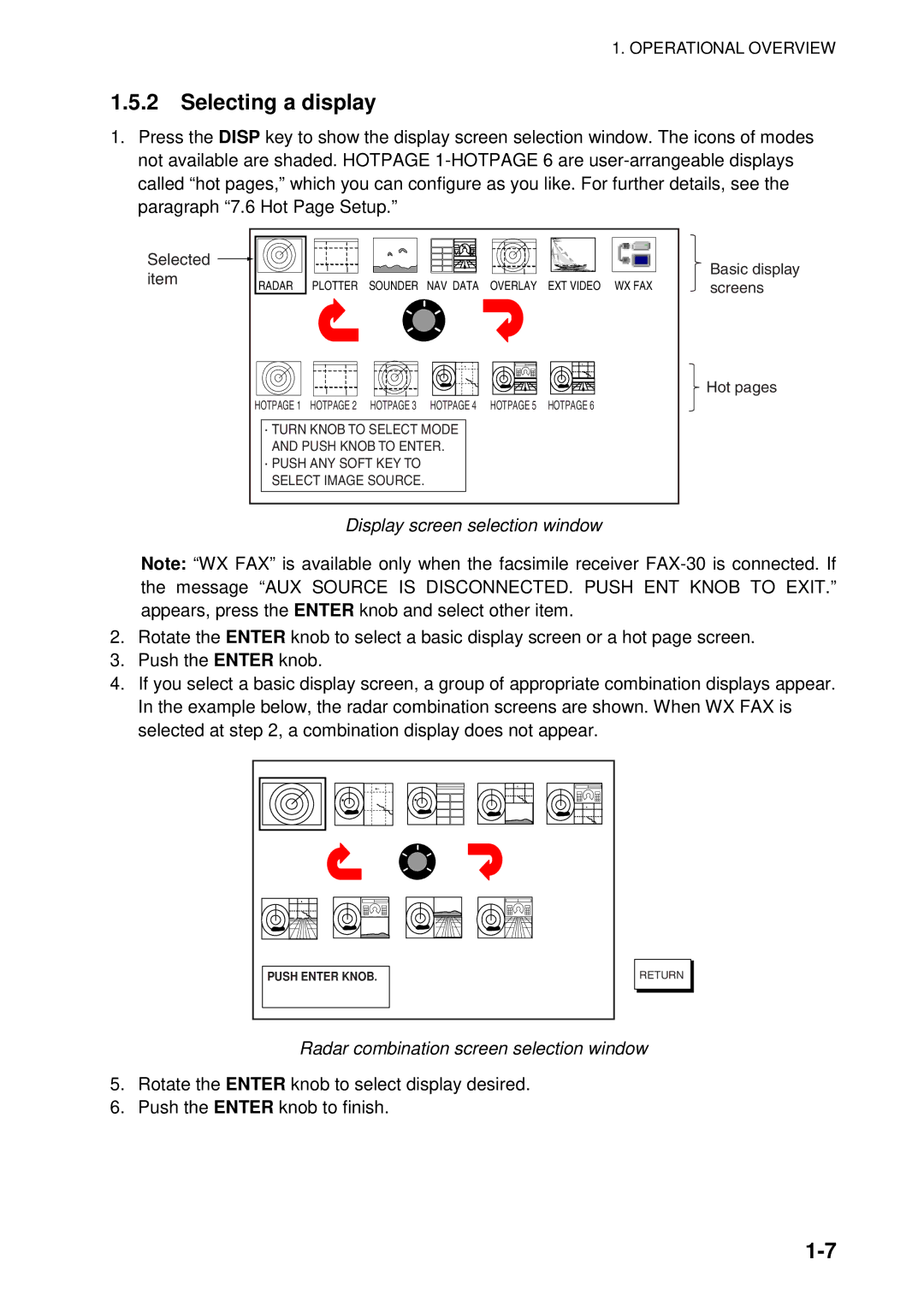 Furuno 1824C-BB, 1954C-BB Selecting a display, Display screen selection window, Radar combination screen selection window 