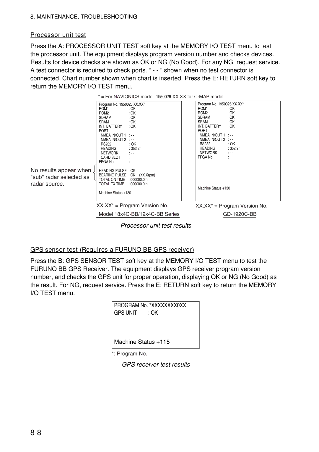 Furuno GD-1920C-BB, 1954C-BB, 1964C-BB Processor unit test results, GPS sensor test Requires a Furuno BB GPS receiver 