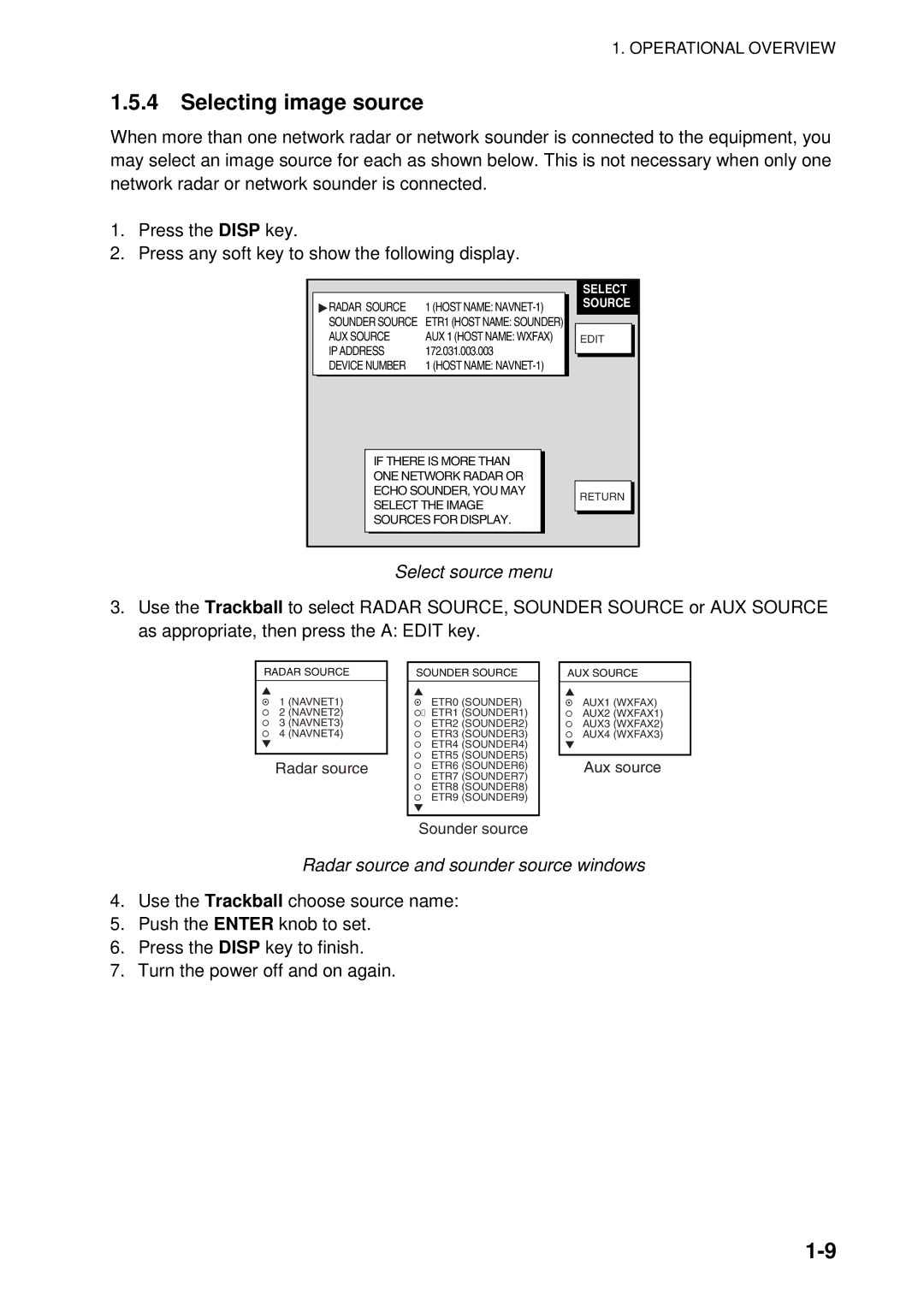 Furuno 1954C-BB, GD-1920C-BB, 1964C-BB Selecting image source, Select source menu, Radar source and sounder source windows 