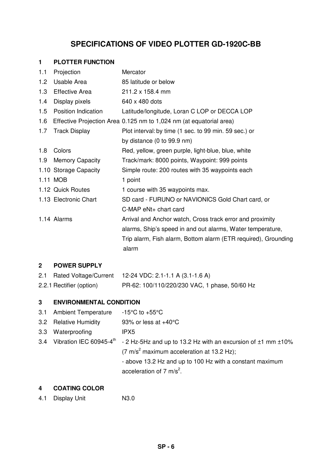 Furuno 1944C-BB, 1954C-BB, 1964C-BB, 1934C-BB, 1834C-BB, 1824C-BB manual Specifications of Video Plotter GD-1920C-BB 