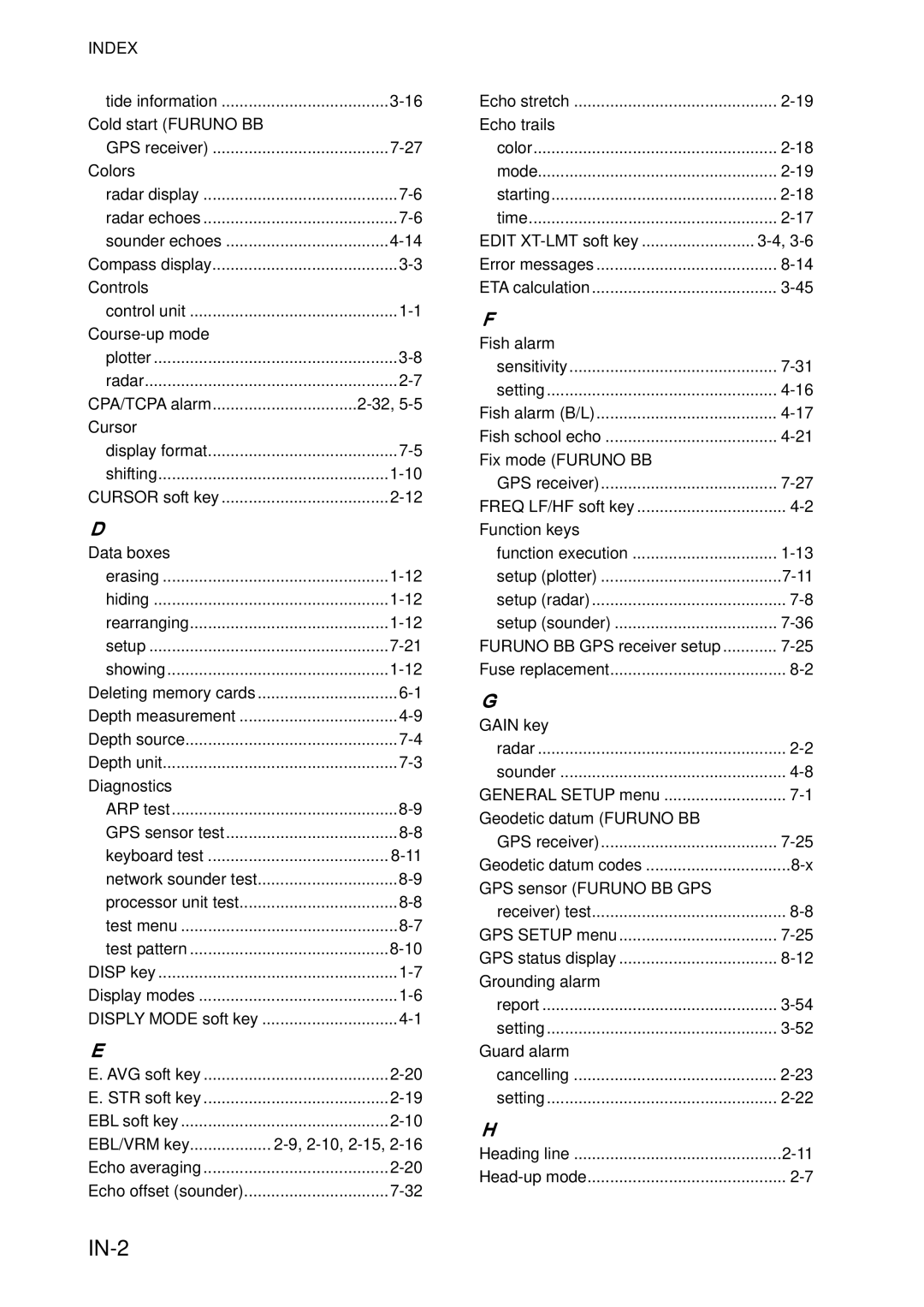 Furuno 1834C-BB, GD-1920C-BB, 1954C-BB, 1964C-BB, 1944C-BB, 1934C-BB, 1824C-BB manual IN-2, Index 