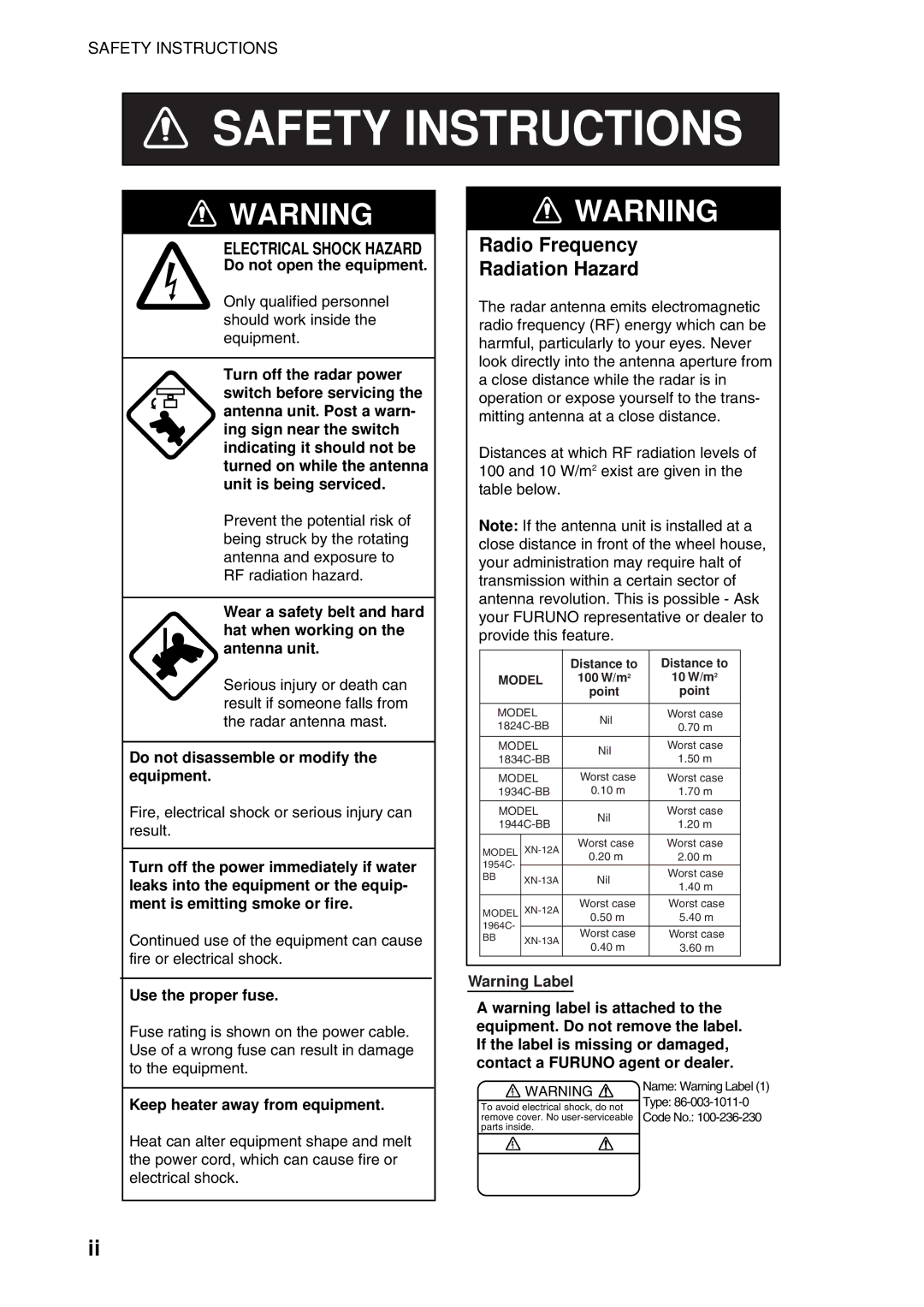 Furuno 1944C-BB, GD-1920C-BB, 1954C-BB, 1964C-BB, 1934C-BB, 1834C-BB, 1824C-BB manual Safety Instructions 