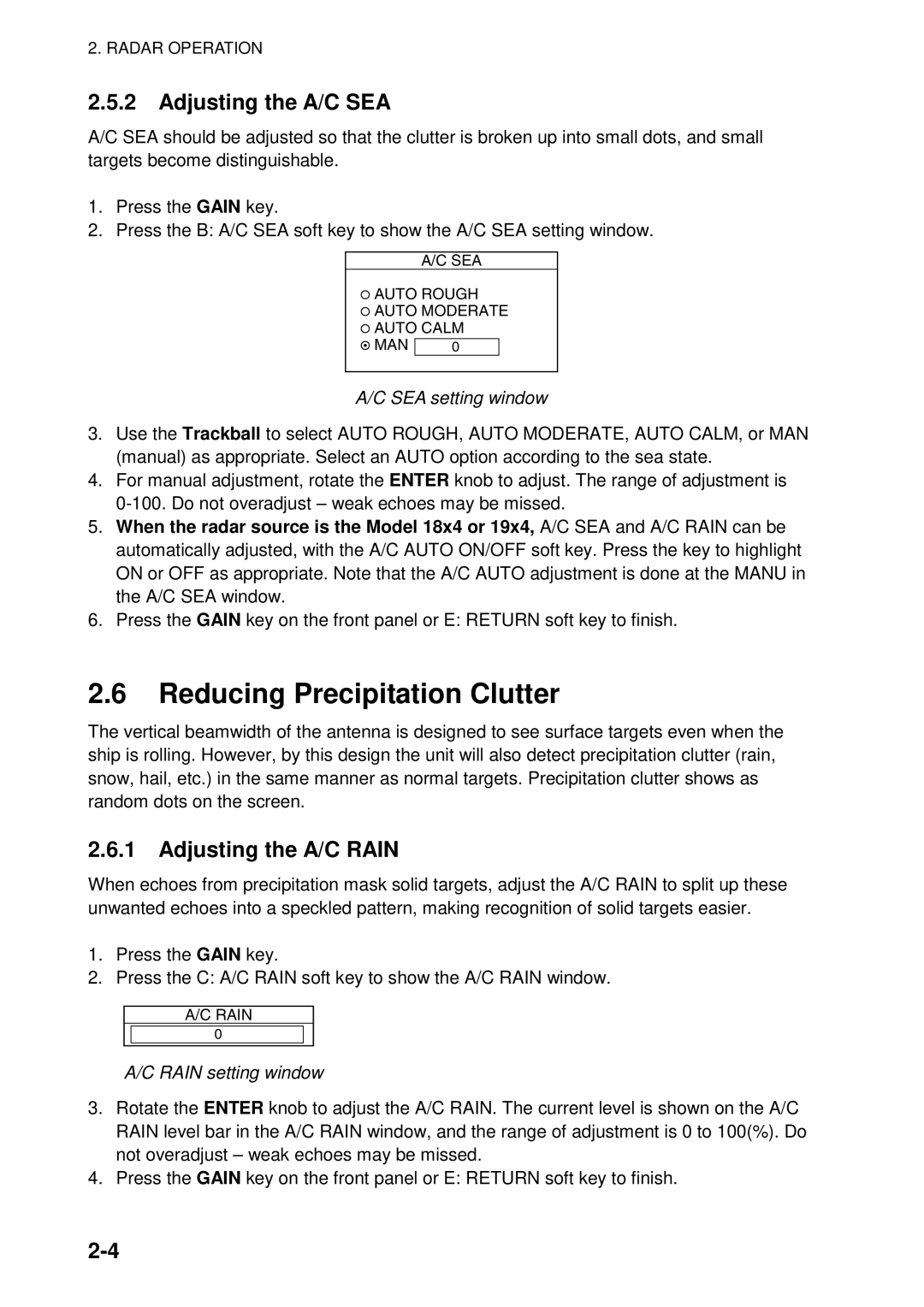 Furuno 1834C-BB manual Reducing Precipitation Clutter, Adjusting the A/C SEA, Adjusting the A/C Rain, SEA setting window 
