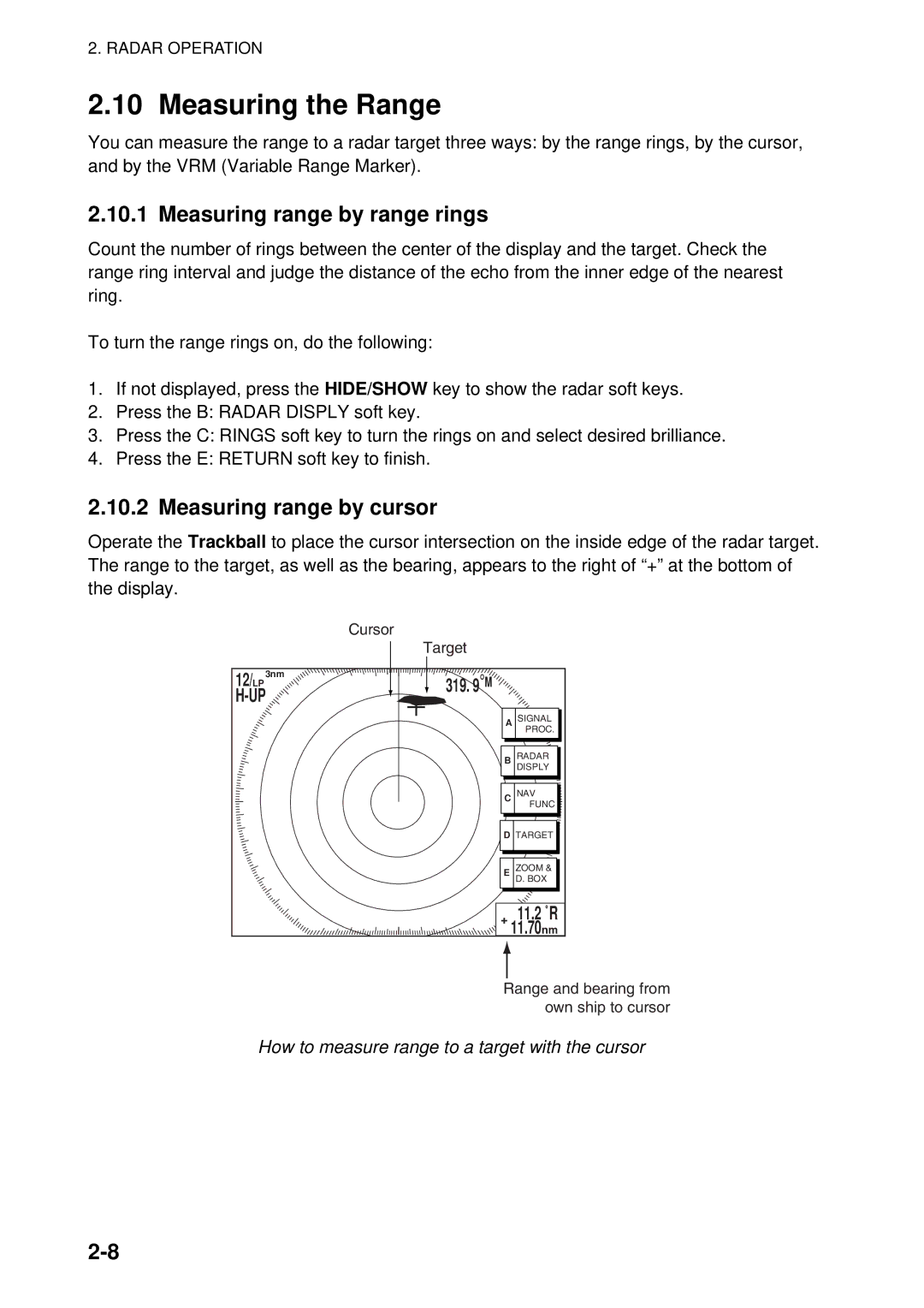 Furuno 1964C-BB, GD-1920C-BB, 1954C-BB manual Measuring the Range, Measuring range by range rings, Measuring range by cursor 