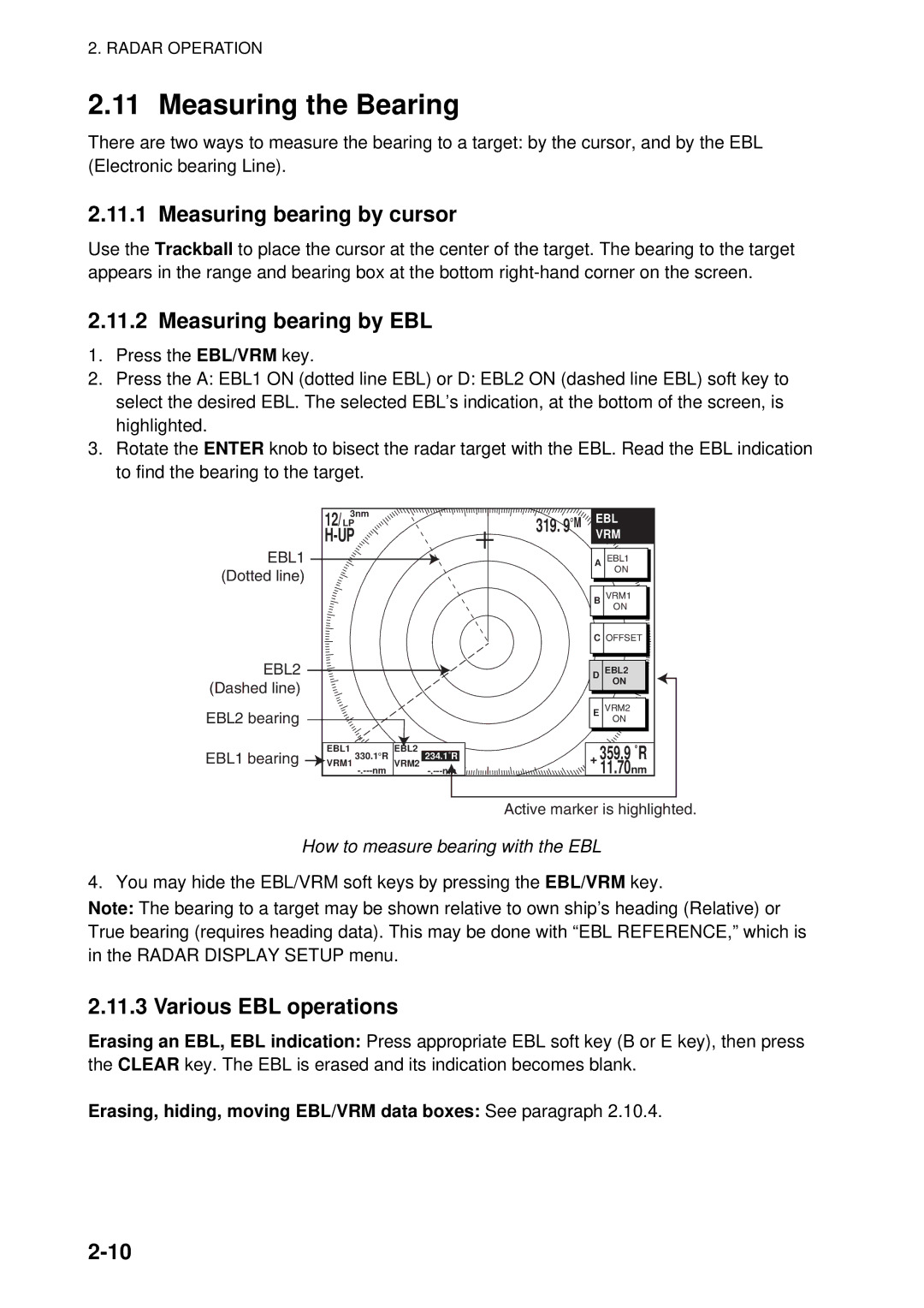 Furuno 1934C-BB manual Measuring the Bearing, Measuring bearing by cursor, Measuring bearing by EBL, Various EBL operations 