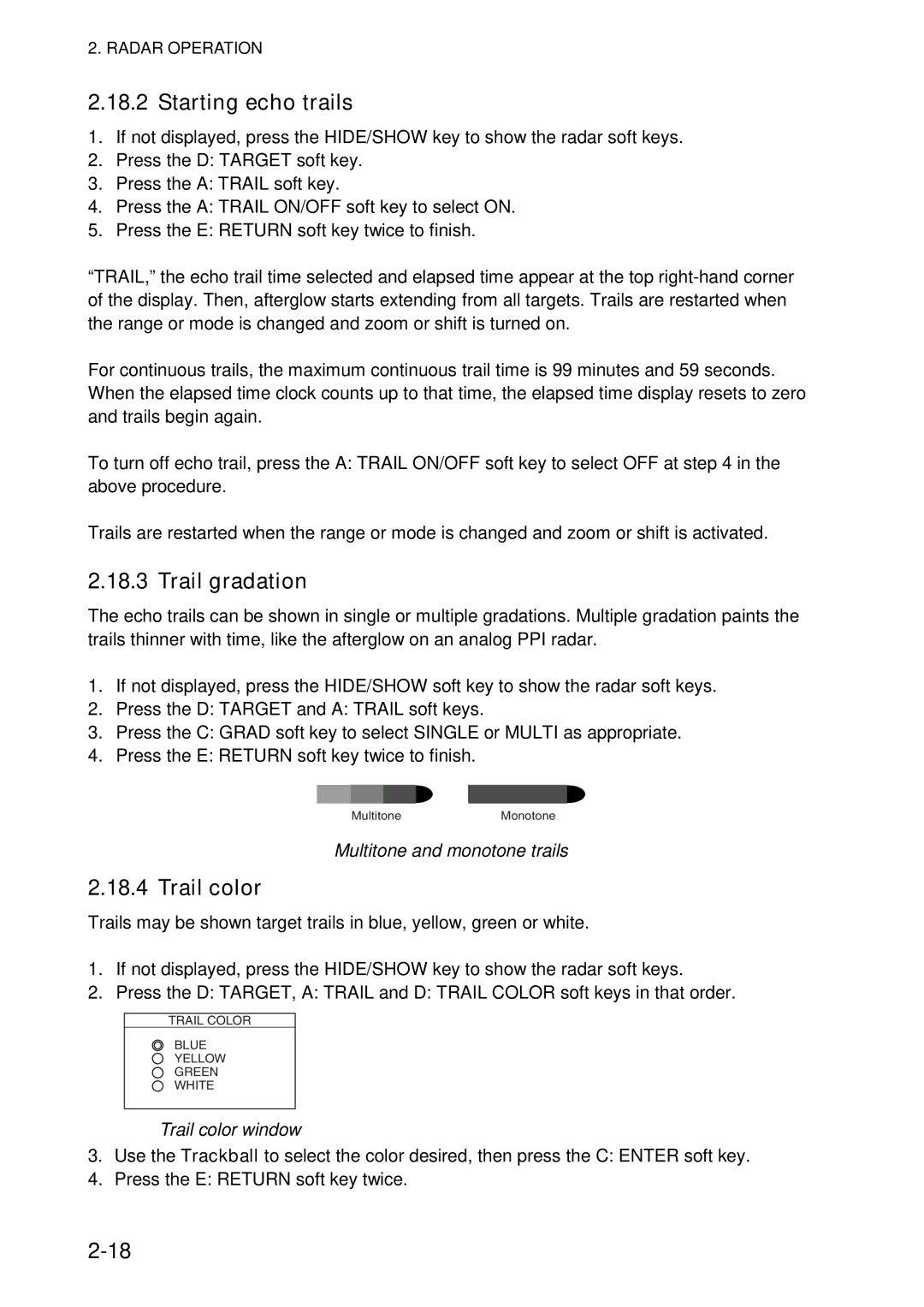 Furuno 1834C-BB, GD-1920C-BB Starting echo trails, Trail gradation, Multitone and monotone trails, Trail color window 