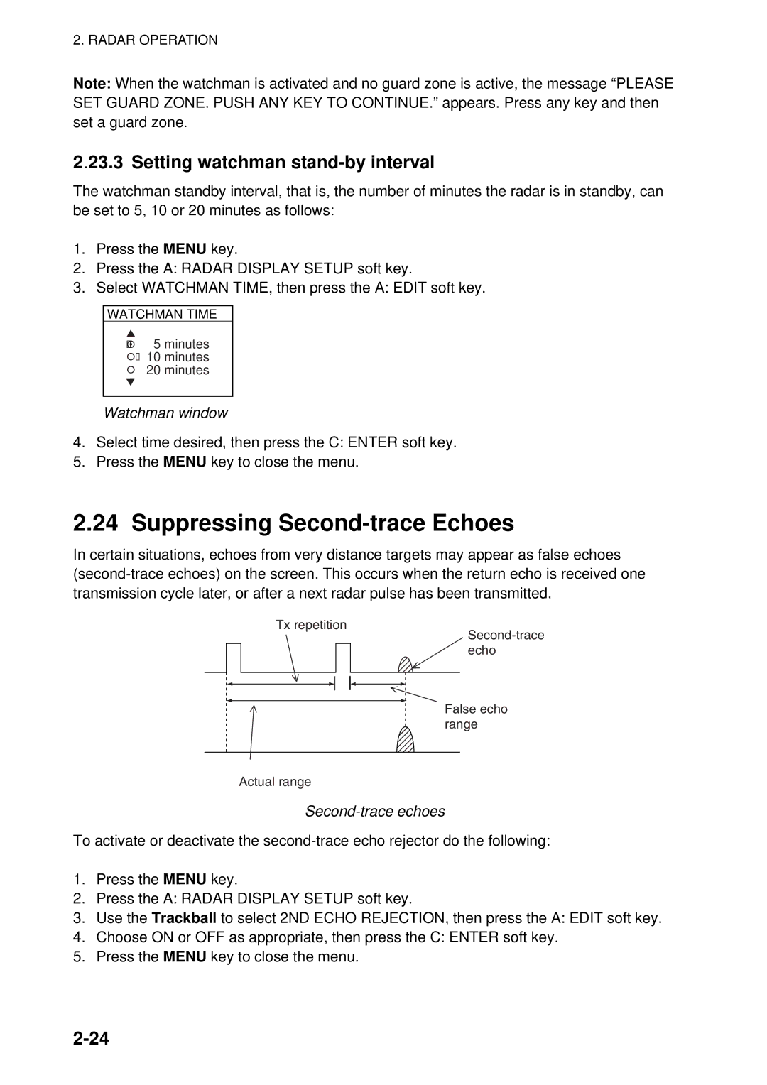 Furuno 1934C-BB Suppressing Second-trace Echoes, Setting watchman stand-by interval, Watchman window, Second-trace echoes 