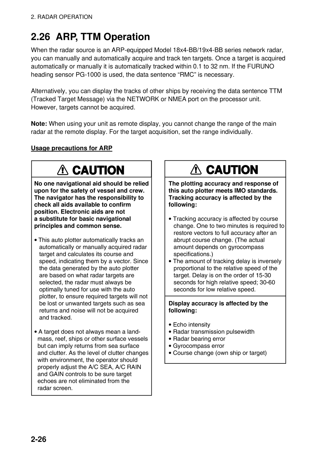 Furuno 1824C-BB, GD-1920C-BB, 1954C-BB, 1964C-BB, 1944C-BB, 1934C-BB, 1834C-BB 26 ARP, TTM Operation, Usage precautions for ARP 