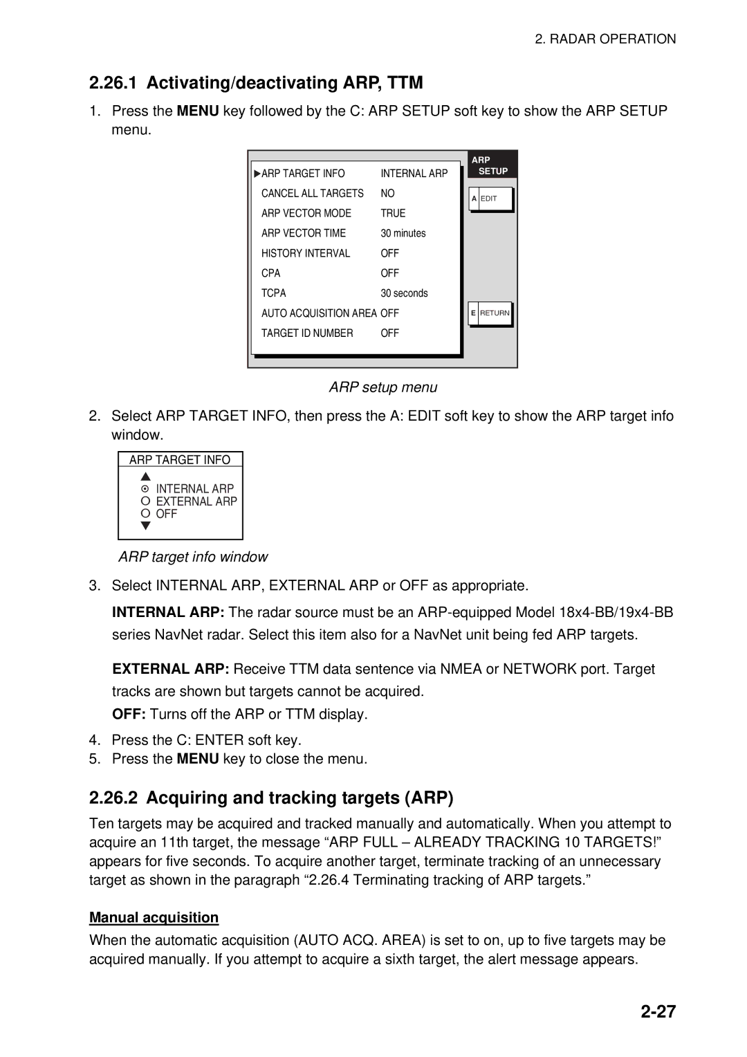 Furuno GD-1920C-BB, 1954C-BB, 1964C-BB Activating/deactivating ARP, TTM, Acquiring and tracking targets ARP, ARP setup menu 